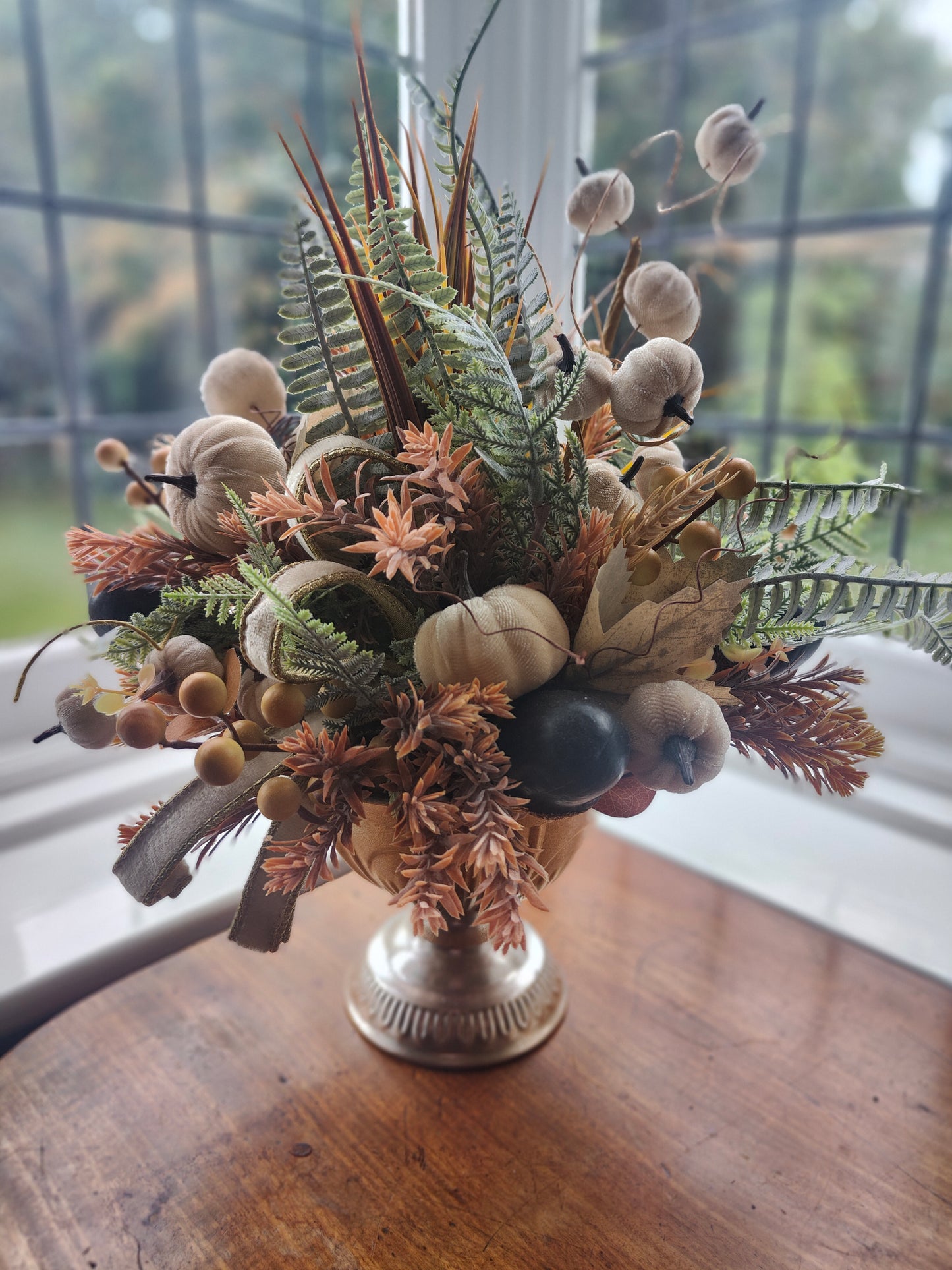 Autumn centrepiece tablecentre pumpkins artificial flower arrangement brown, cream, green