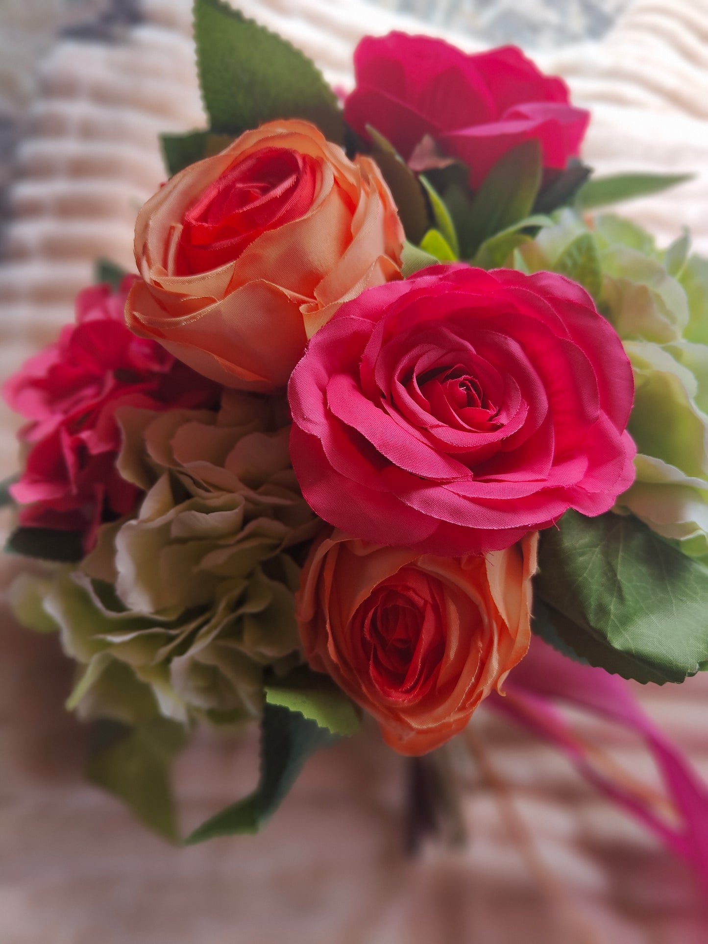 Wedding bride bouquet hand-tied artificial flowers dark pink cerise, orange, pale light green