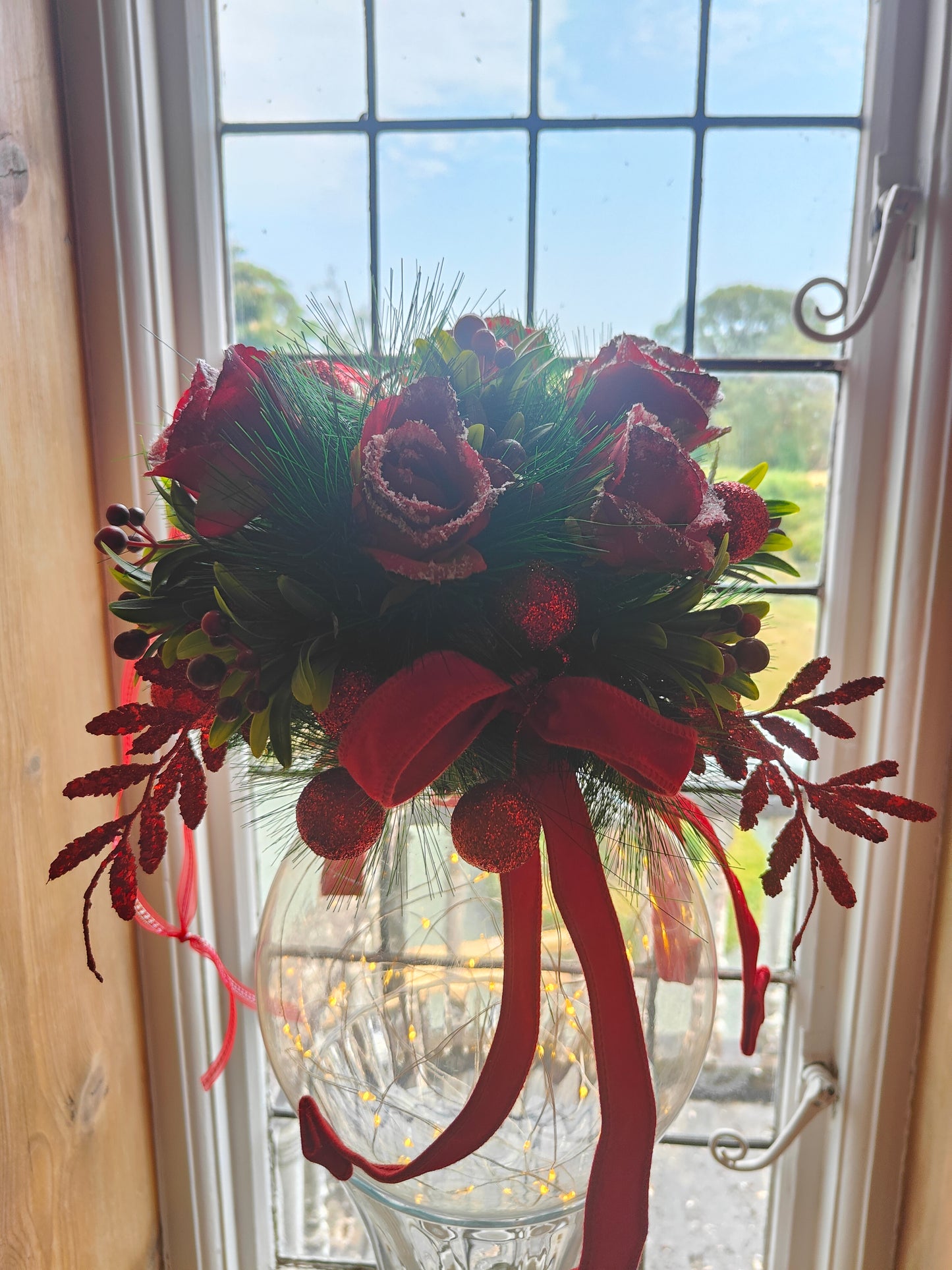 Christmas baubles large decorated traditional red and green hanging bauble display