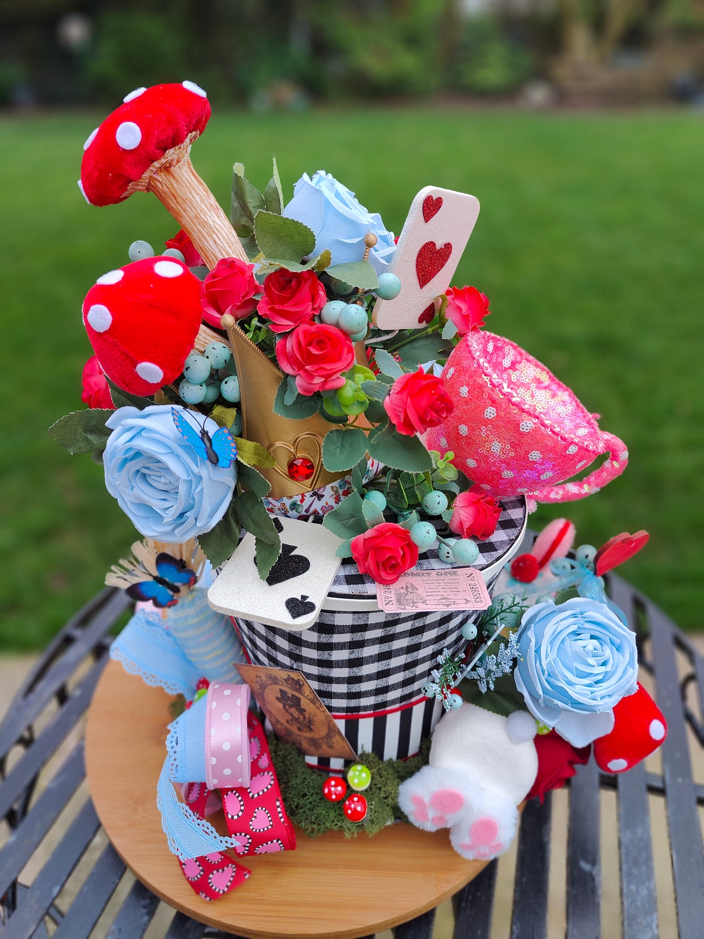 Alice in Wonderland centrepiece ornament party decoration theme top hat blue and red Mad Hatter wedding decor