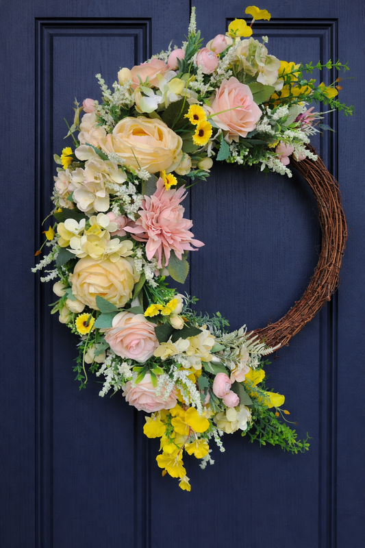 Lemon yellow wreath vintage rose pink large half moon grapevine wreath Spring Summer florals