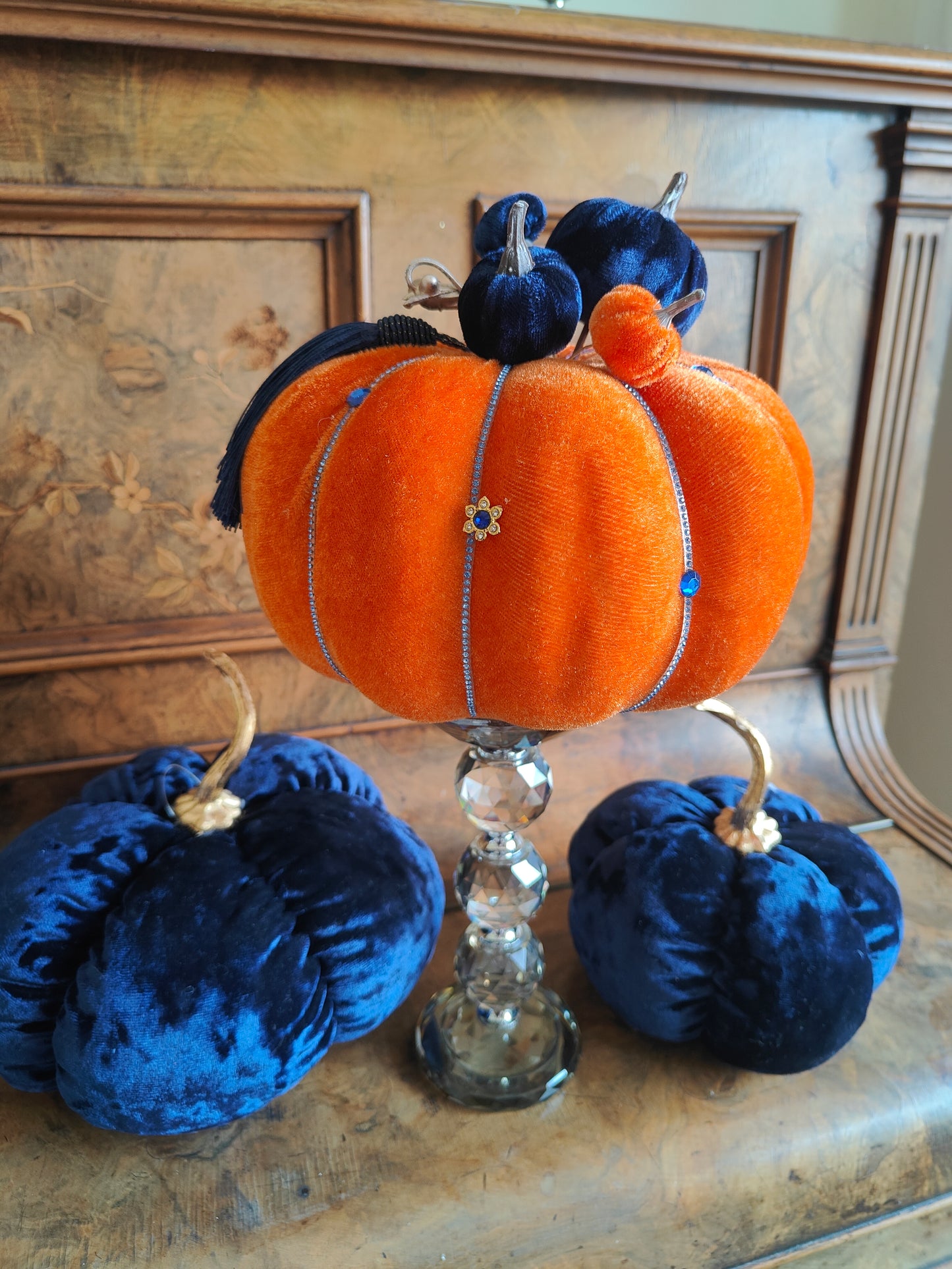 Pumpkin orange velvet bling embellished decorated pumpkin decor