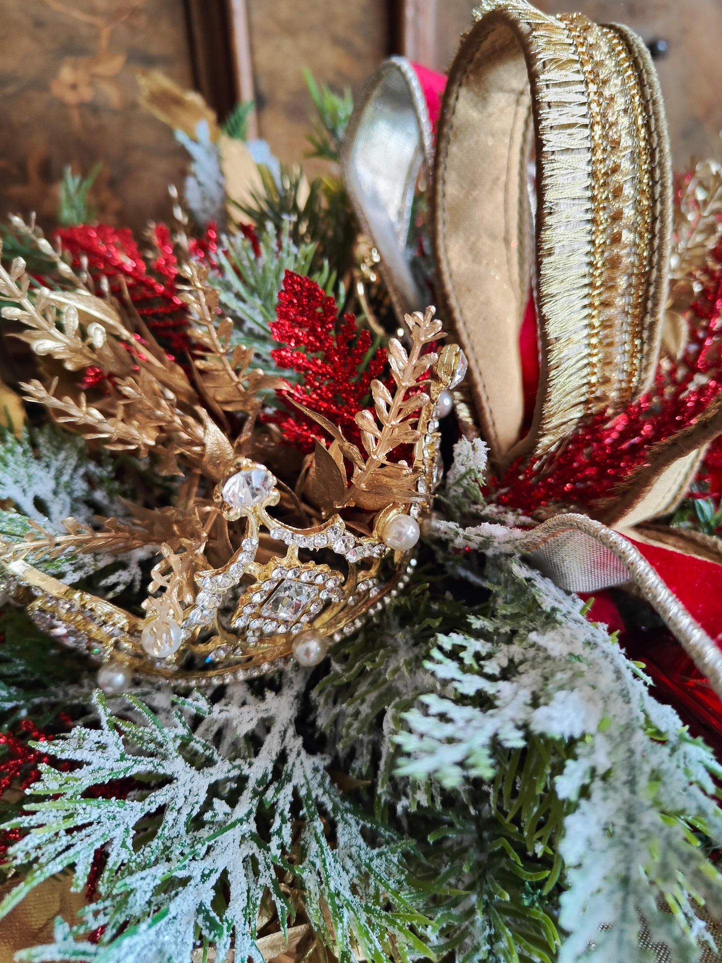 Christmas drum decoration red and gold regal centrepiece Farrisilk ribbons gems