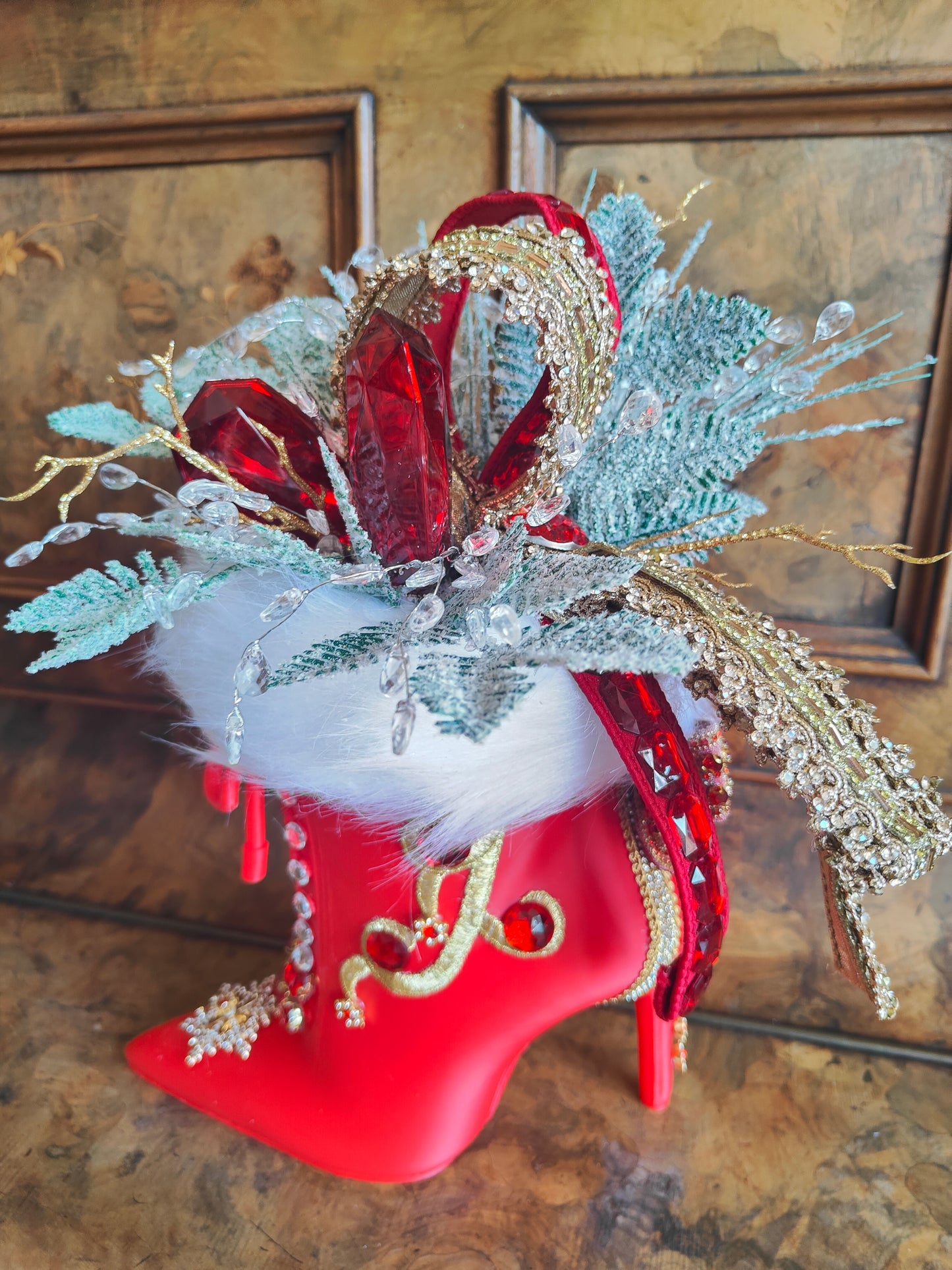 Mrs Claus boot high heeled red embellished centrepiece deluxe