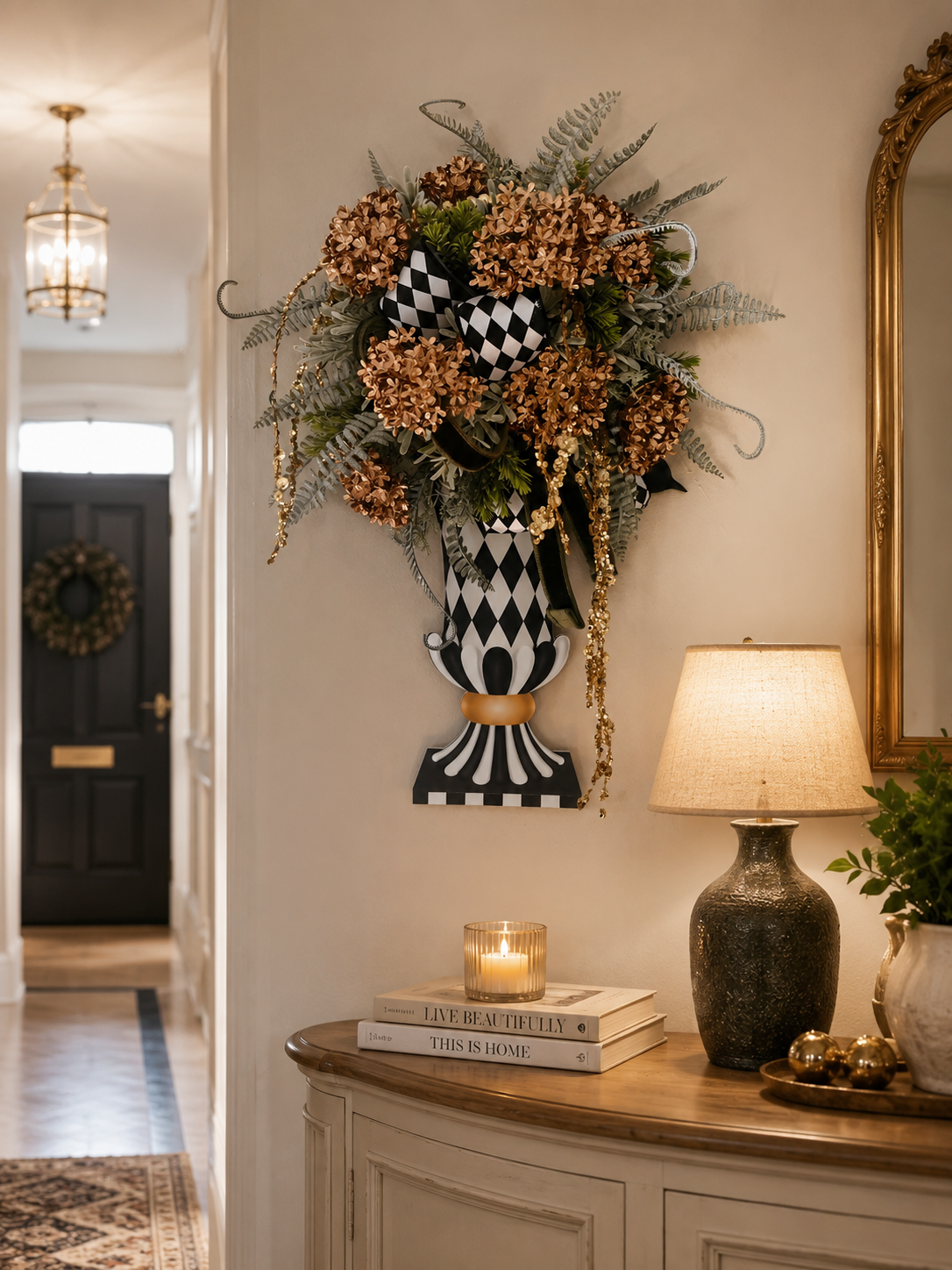 Vase wreath wall decor Mackenzie Childs style vibes Christmas swag