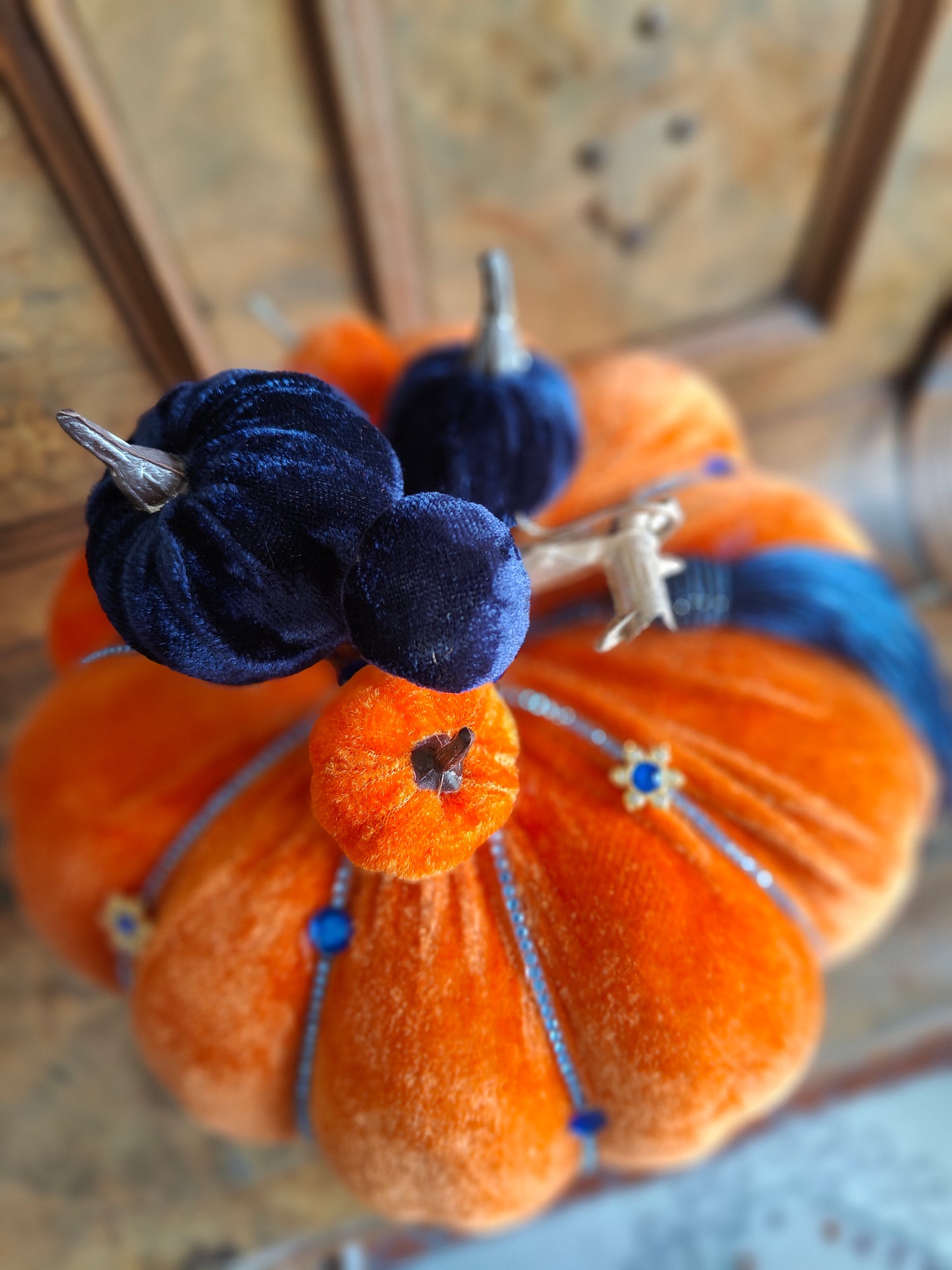 Pumpkin orange velvet bling embellished decorated pumpkin decor
