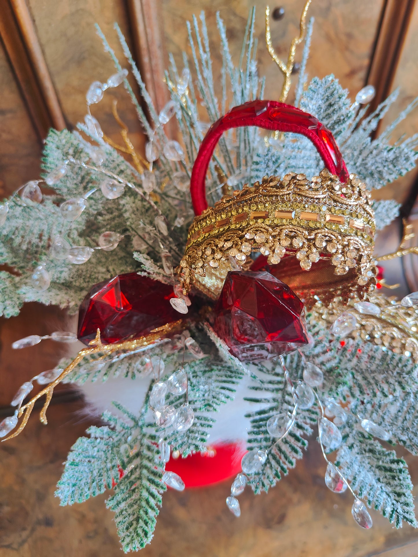 Mrs Claus boot high heeled red embellished centrepiece deluxe