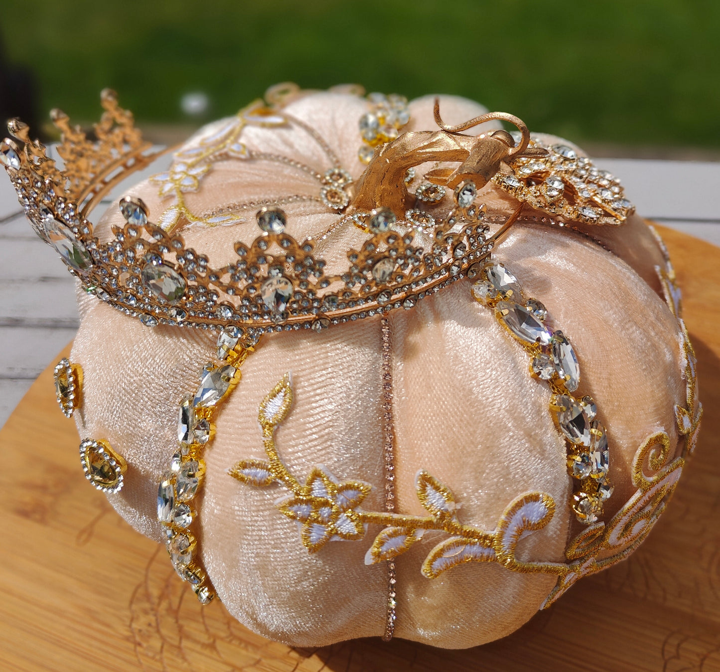 Pumpkin Cinderella cream velvet Autumn decor display centrepiece Bling tablecentre decoration embellished with jewels gems