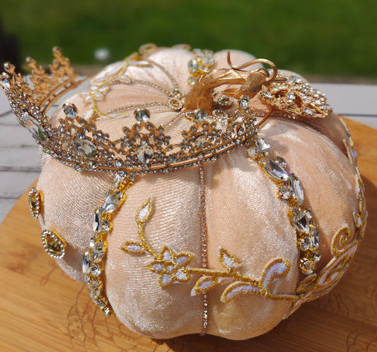 Pumpkin Cinderella cream velvet Autumn decor display centrepiece Bling tablecentre decoration embellished with jewels gems