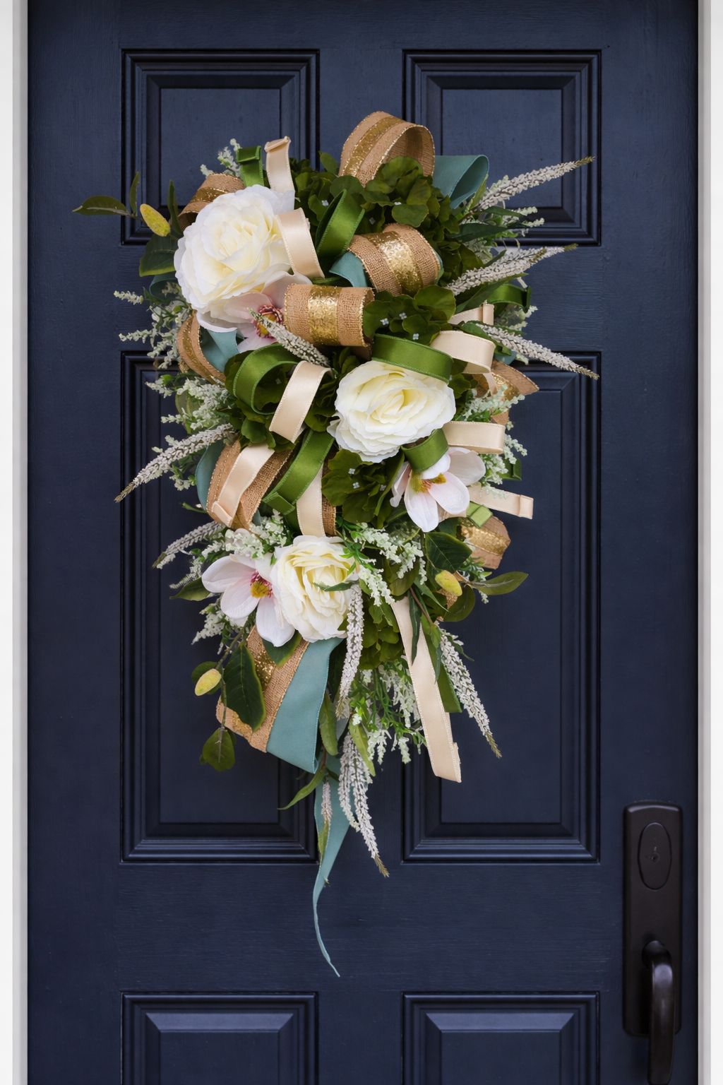 Natural wreath neutral colours swag magnolia peonies Farrisilk ribbons large door decor