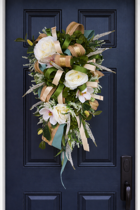 Natural wreath neutral colours swag magnolia peonies Farrisilk ribbons large door decor