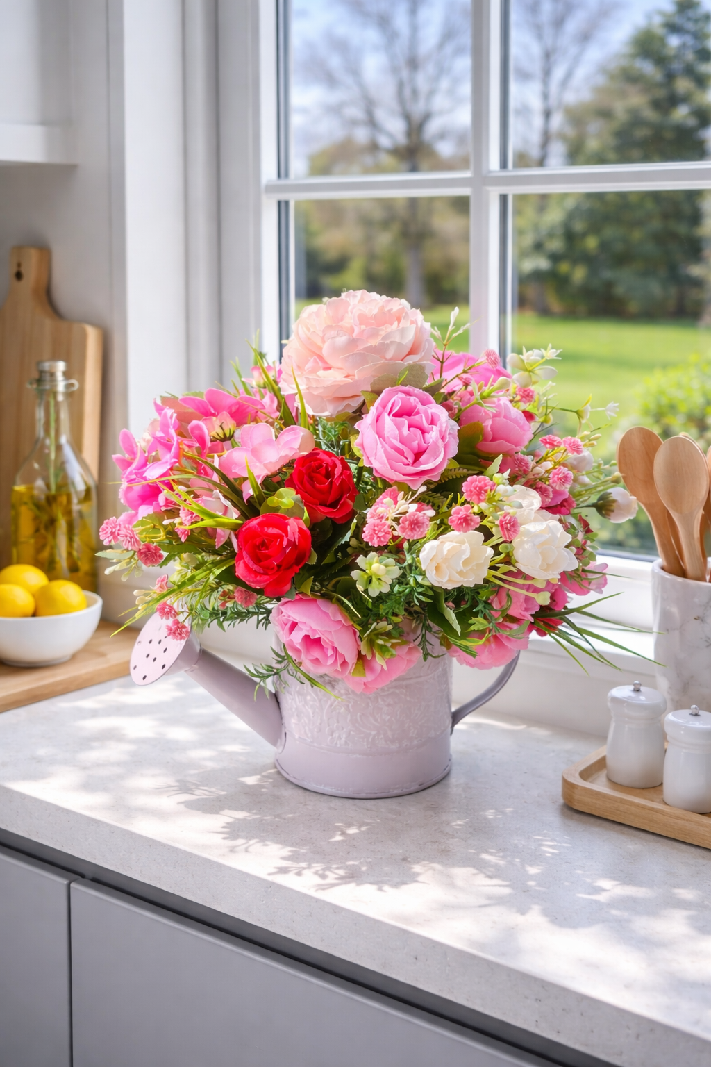 Flower arrangement watering can planter lilac lavender pinks