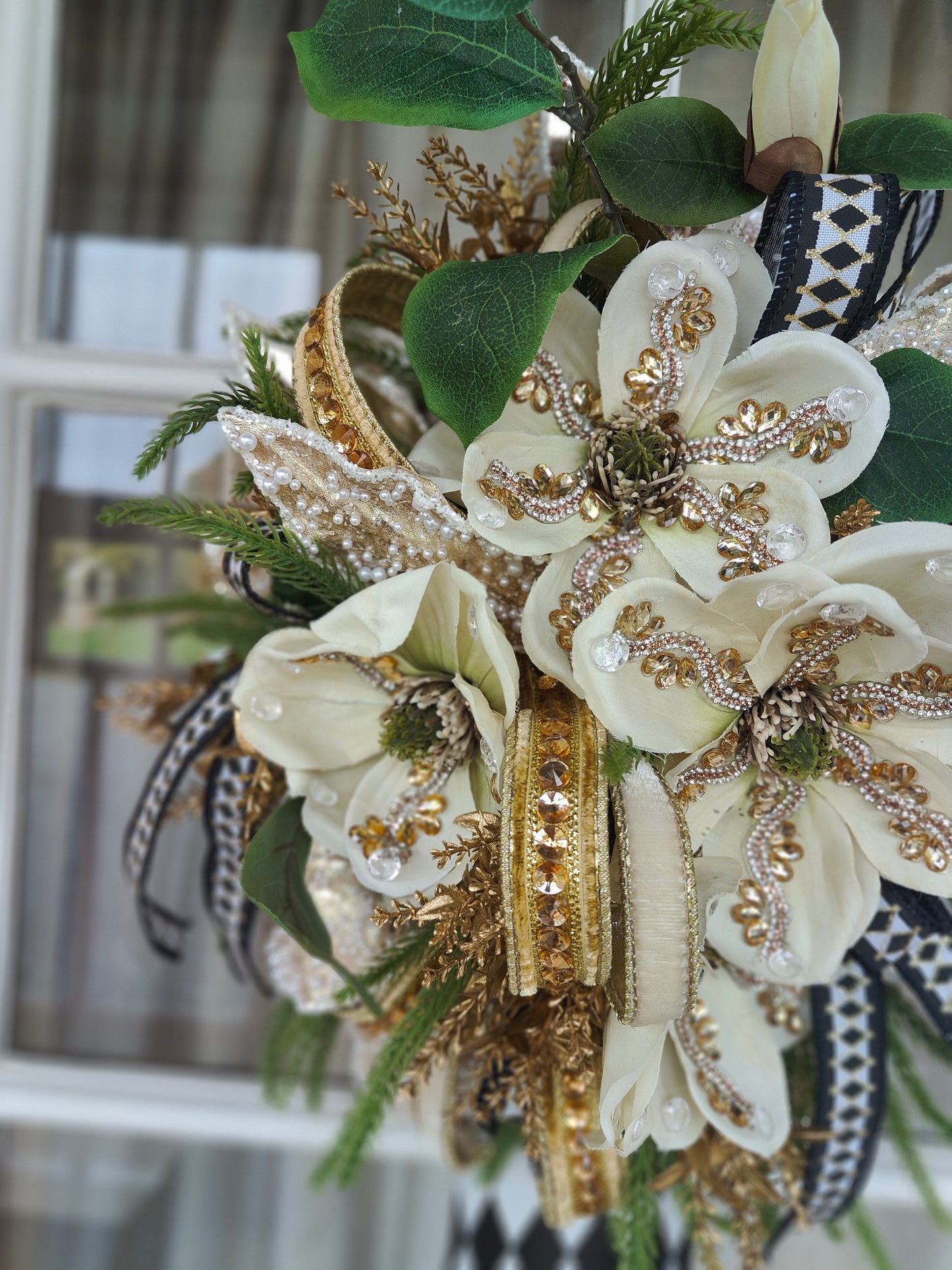 Mackenzie Childs inspired vase wall hanger swag cream magnolias