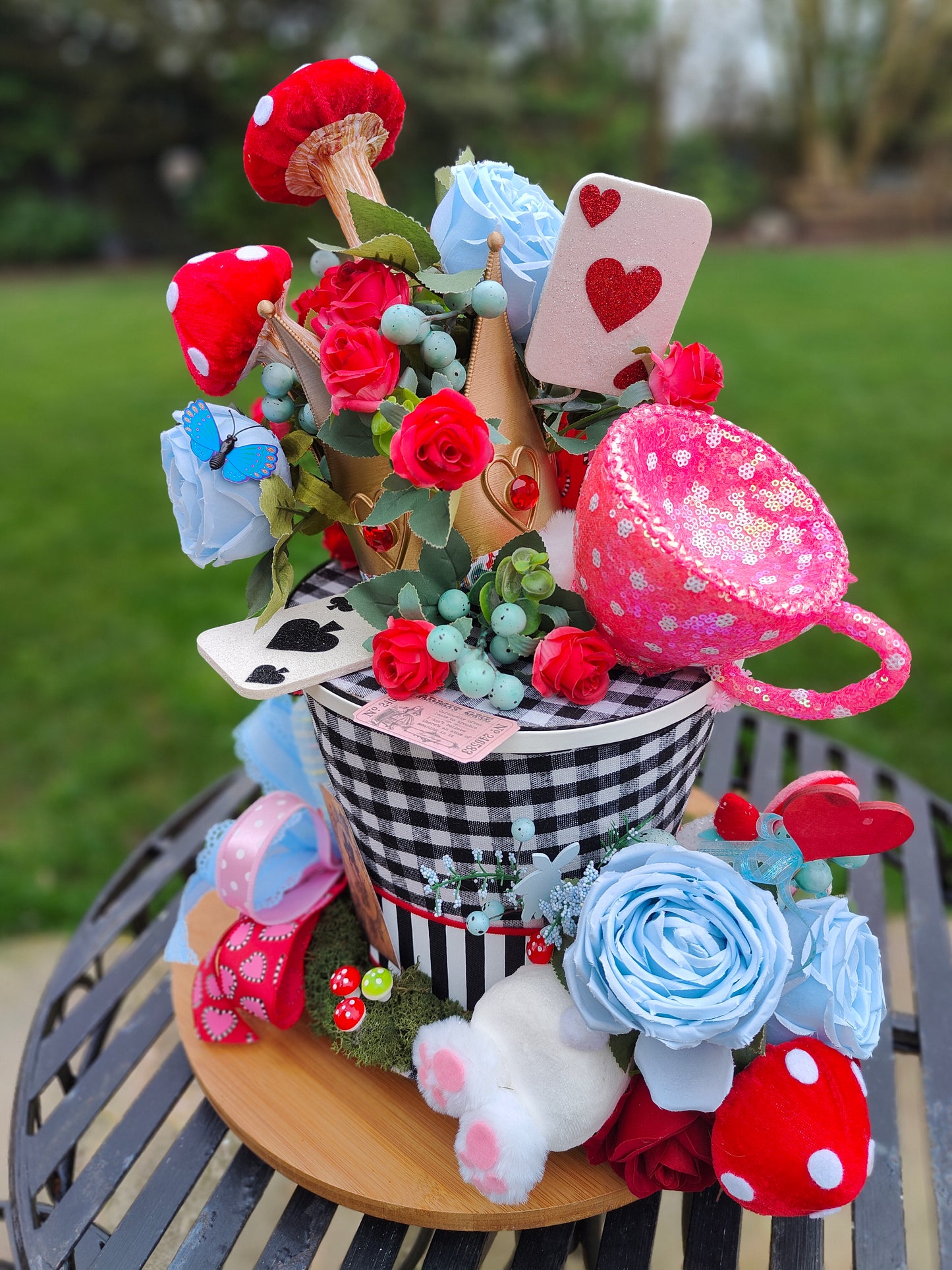 Alice in Wonderland centrepiece ornament party decoration theme top hat blue and red Mad Hatter wedding decor