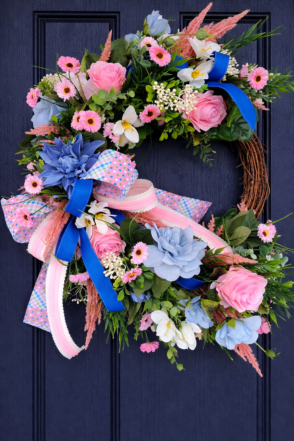 Wreath pink and blue half moon deluxe large door wreath