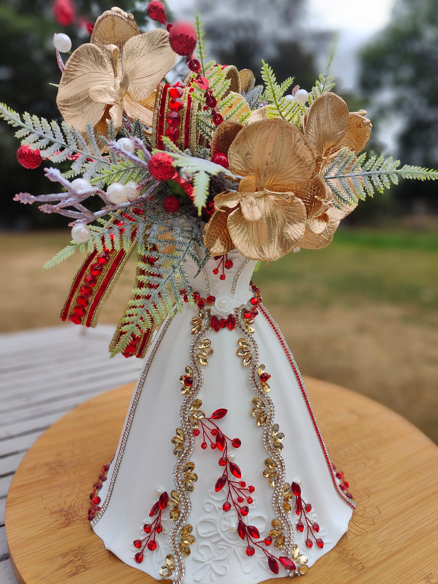 Christmas vase centrepiece tablecentre dress princess Cinderella gown decorated bling
