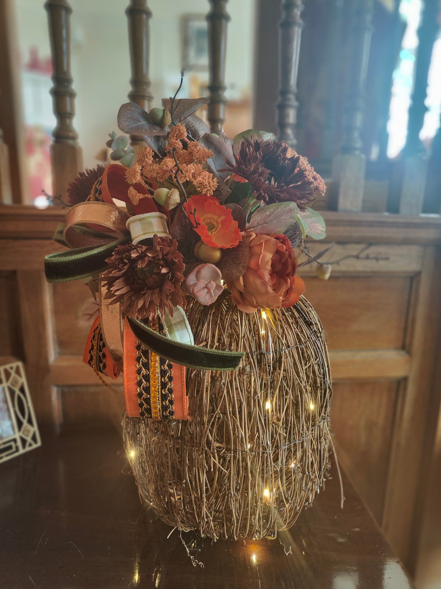 Autumn pumpkin large tall illuminated decorated wicker pumpkin
