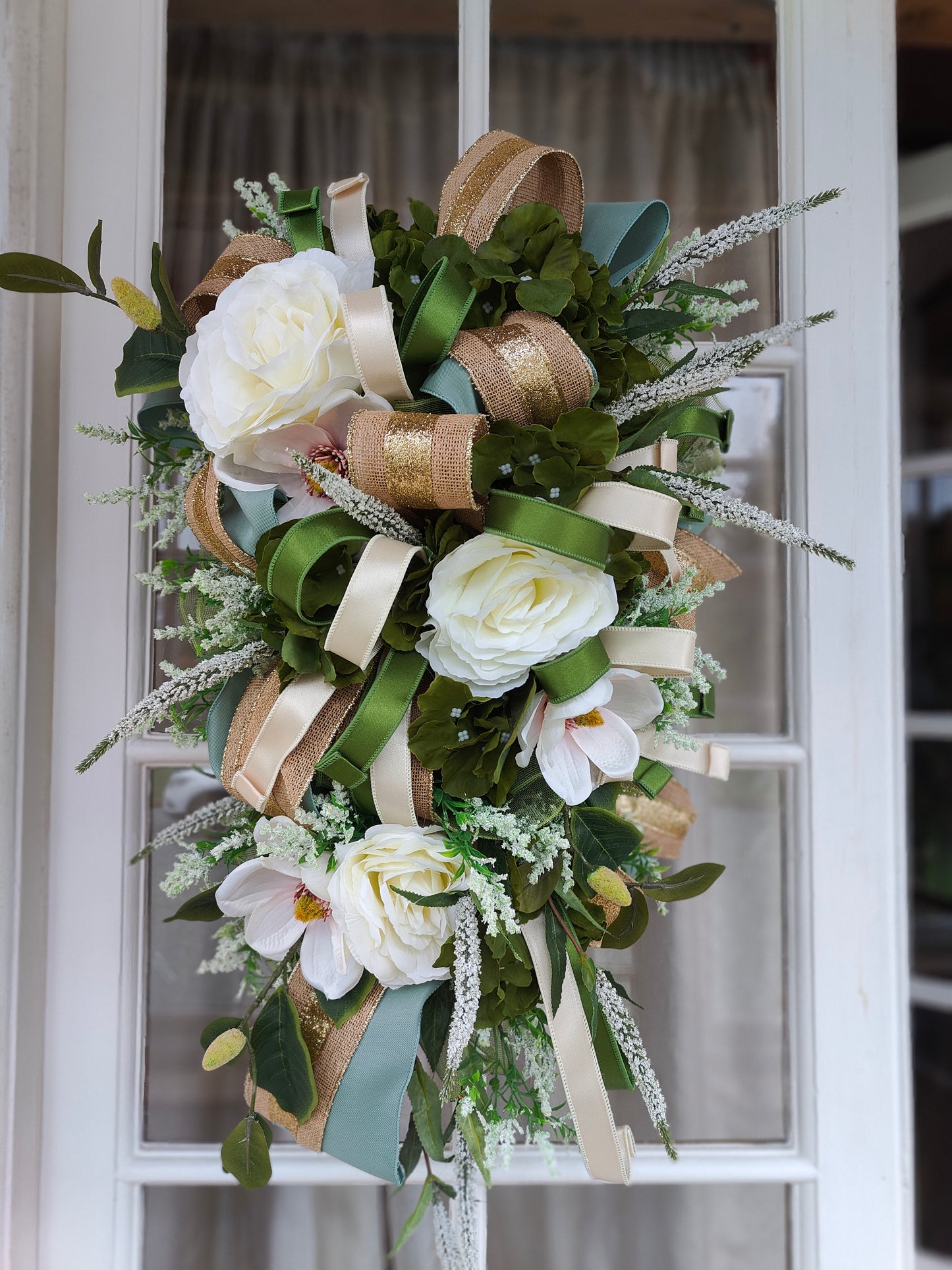 Natural wreath neutral colours swag magnolia peonies Farrisilk ribbons large door decor