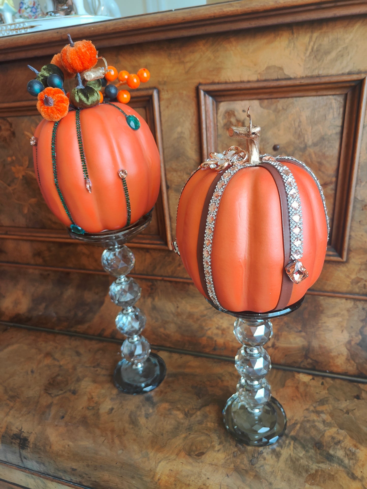 Pumpkins orange bling embellished diamante Autumn decor tablecentre pair