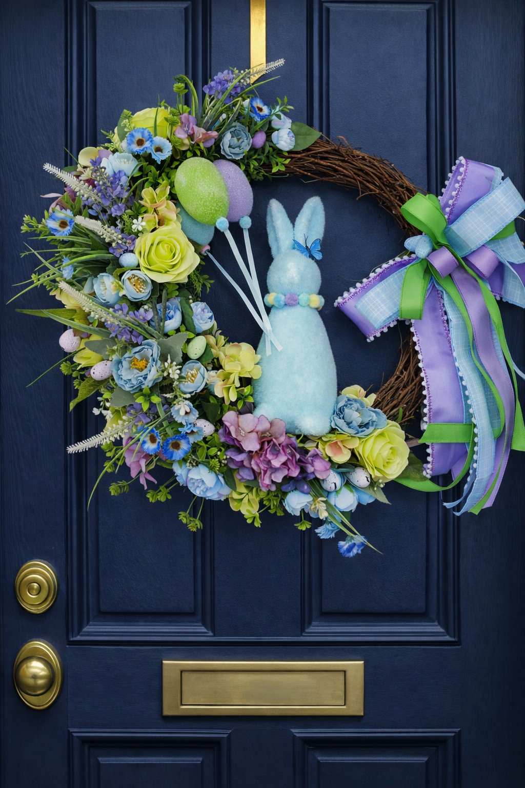 Easter wreath bunny flocked rabbit Easter eggs pastel blue lavender green large