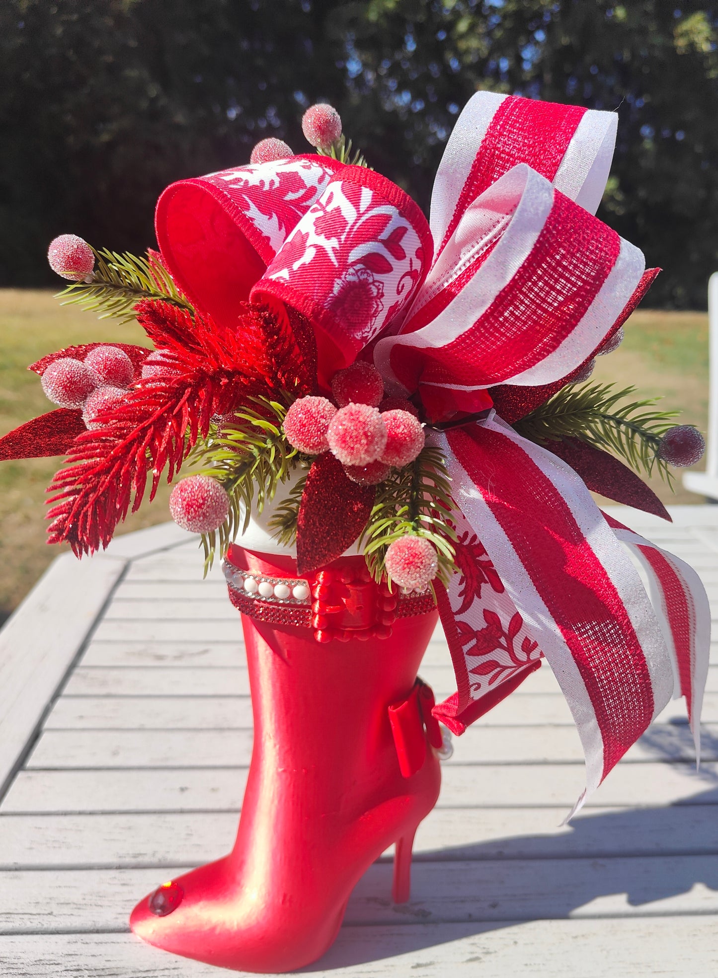 Mrs Claus boot decorated small boot red and white