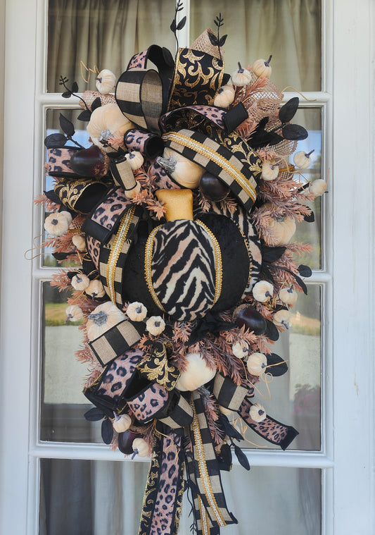 Autumn swag wreath leopard print pumpkin home decor Autumn colours bling diamante embellishment