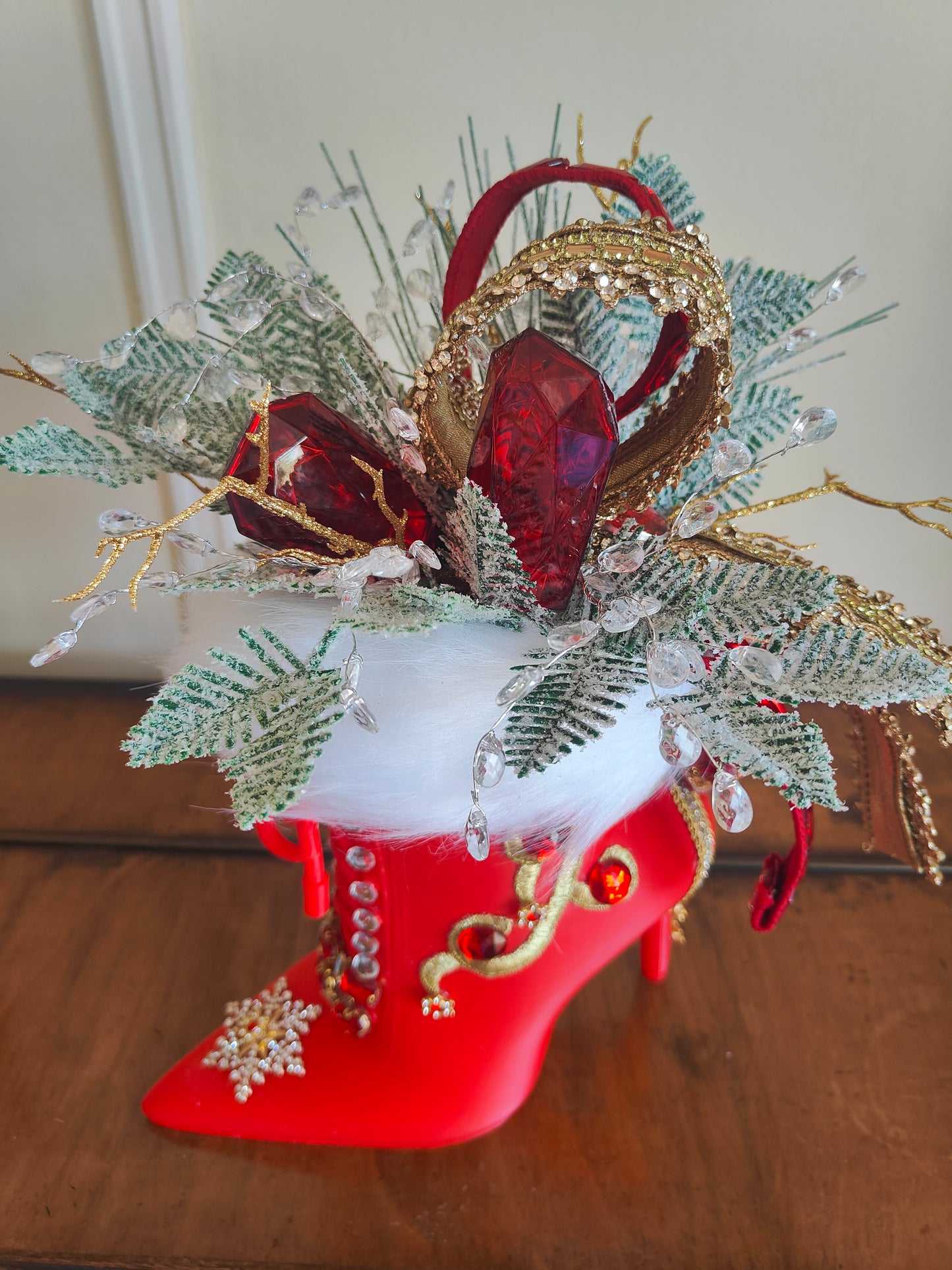 Mrs Claus boot high heeled red embellished centrepiece deluxe