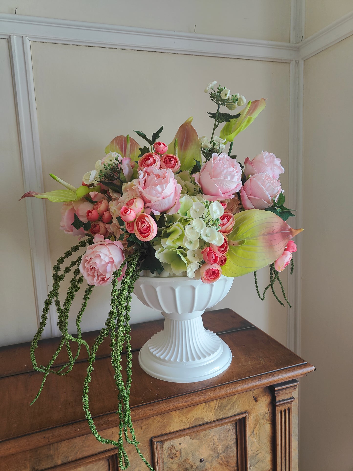Pink and green large urn planter centrepiece tablecentre, wedding flowers, garden decor
