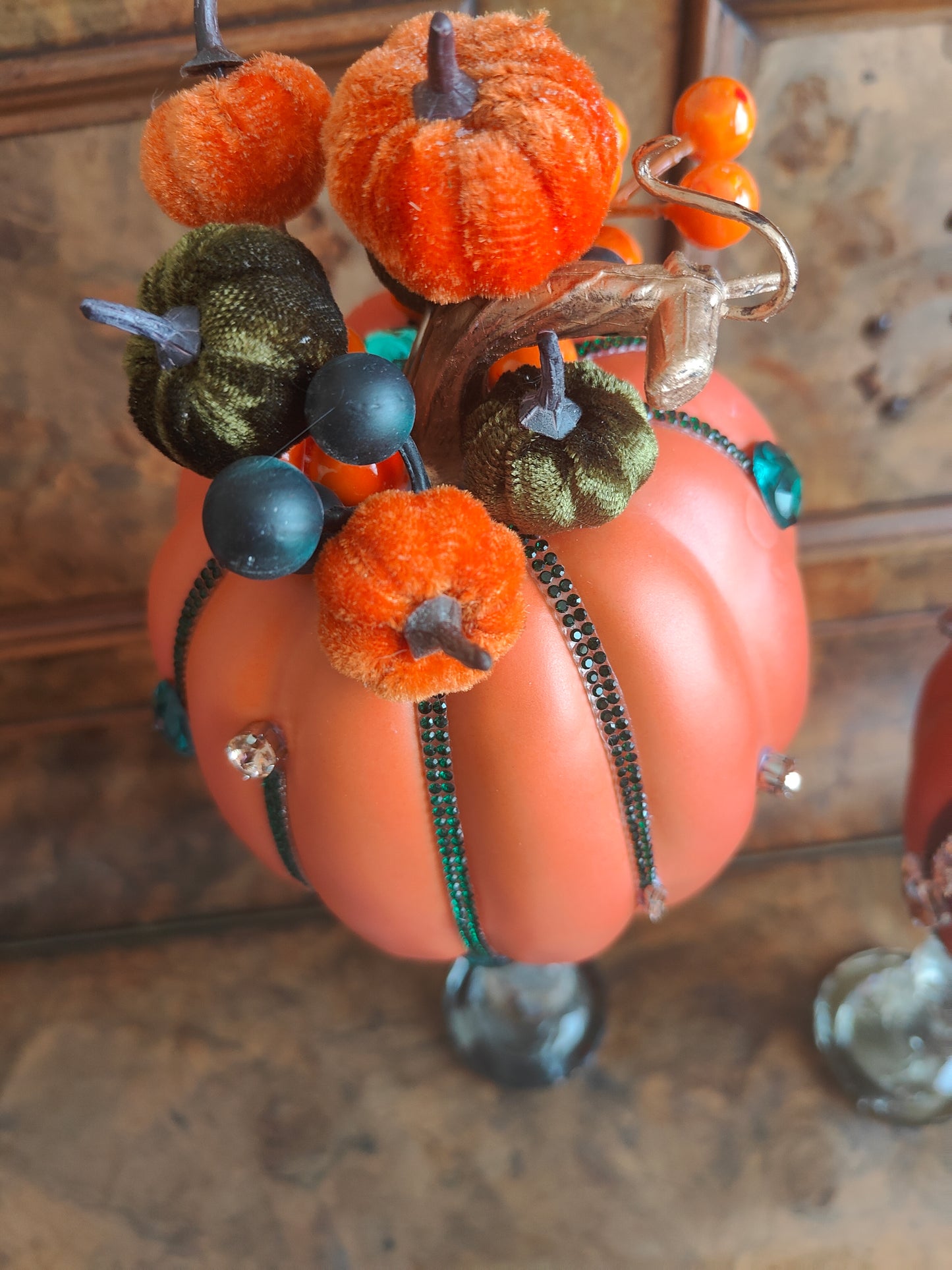 Pumpkins orange bling embellished diamante Autumn decor tablecentre pair