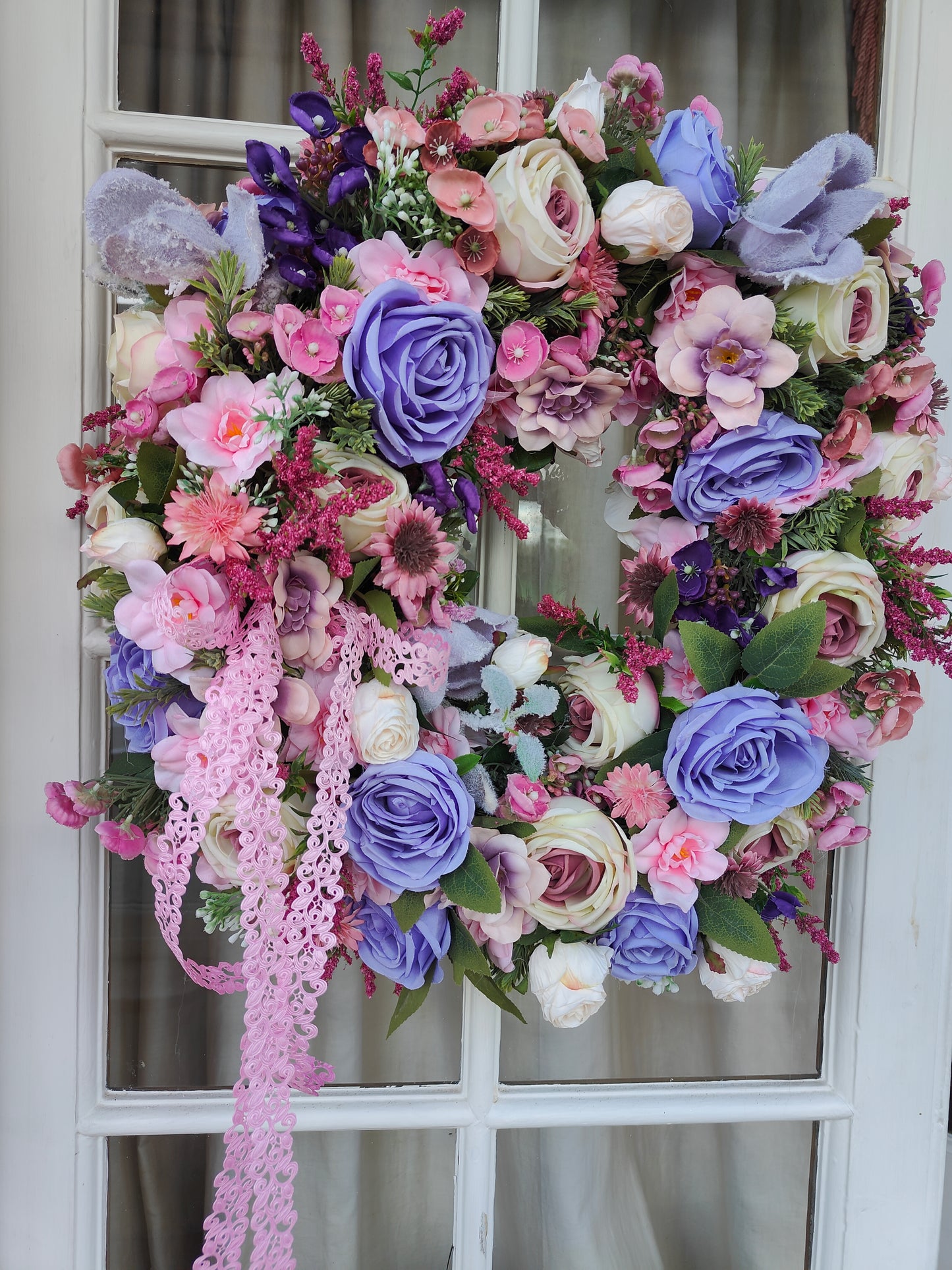 Pink lilac lavender wreath roses Bridgerton door wreath hanger large Spring Summer artificial flowers