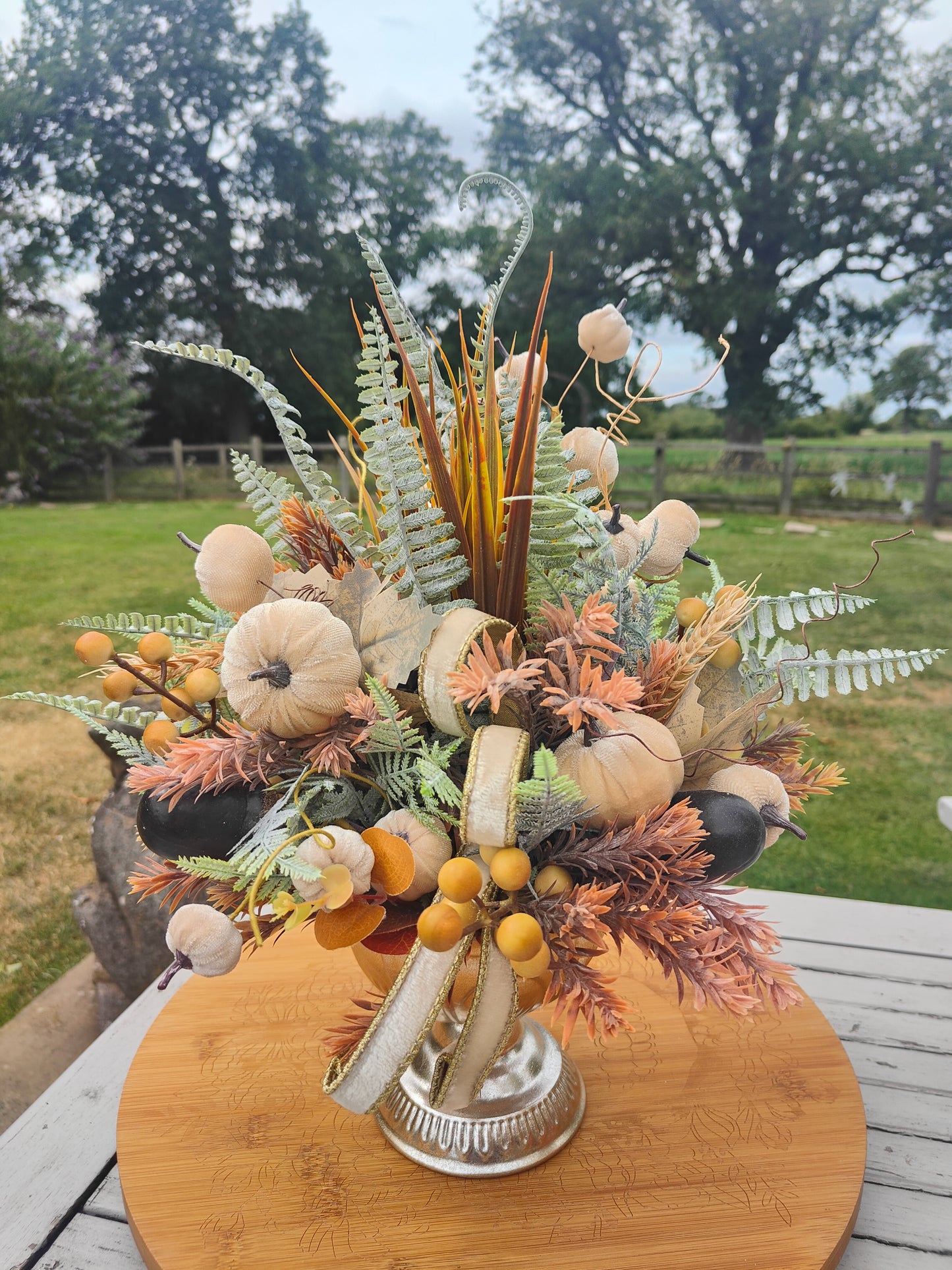 Autumn centrepiece tablecentre pumpkins artificial flower arrangement brown, cream, green