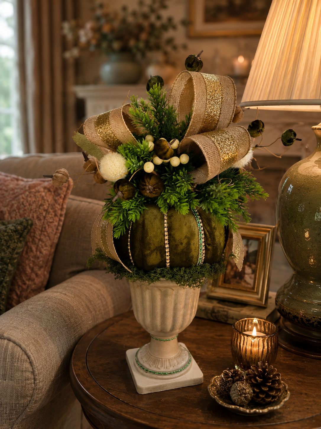 Autumn centrepiece pumpkin arrangement tall pedestal display bling pumpkin