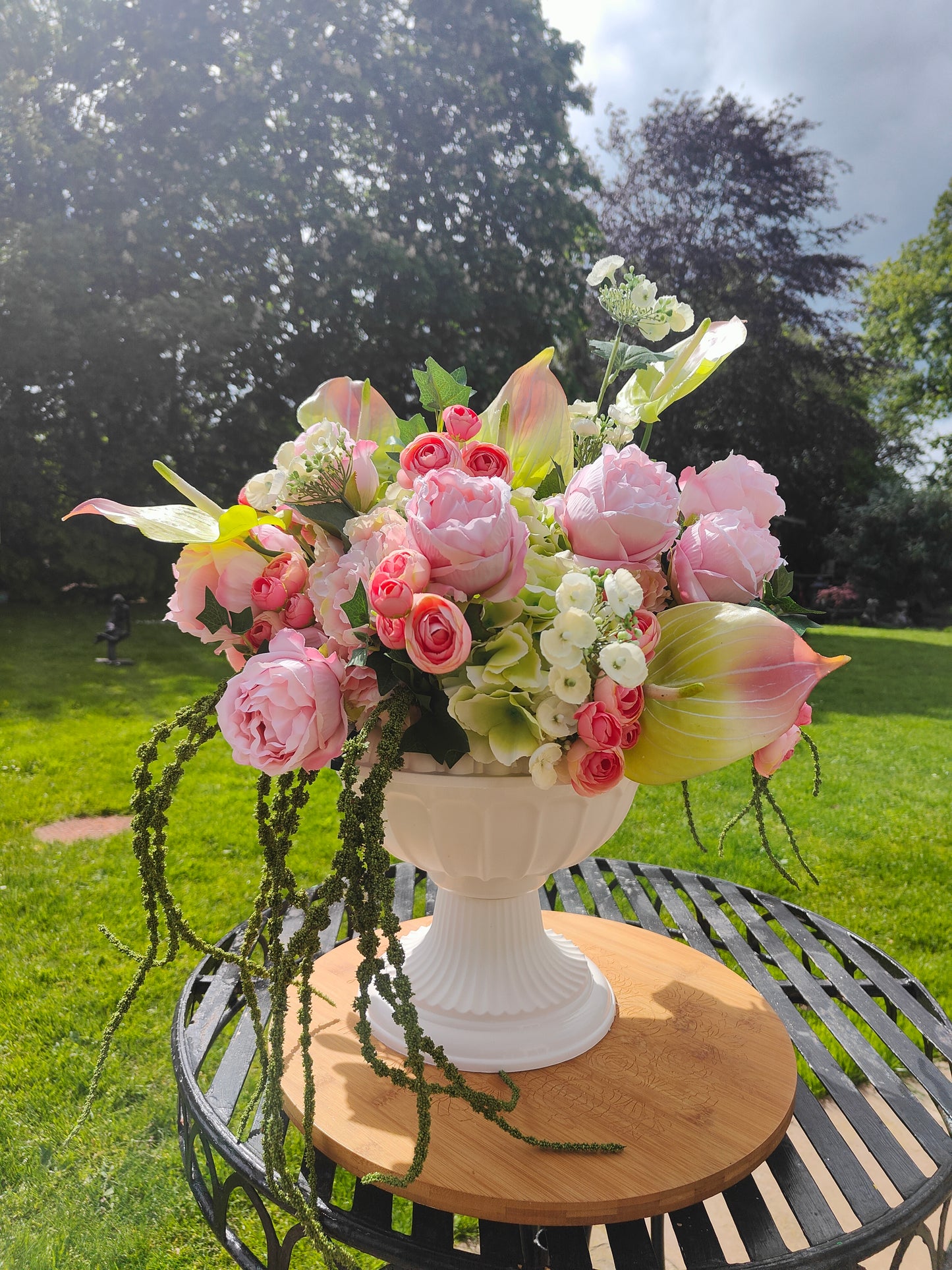 Pink and green large urn planter centrepiece tablecentre, wedding flowers, garden decor