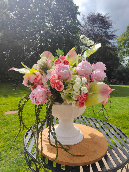 Pink and green large urn planter centrepiece tablecentre, wedding flowers, garden decor