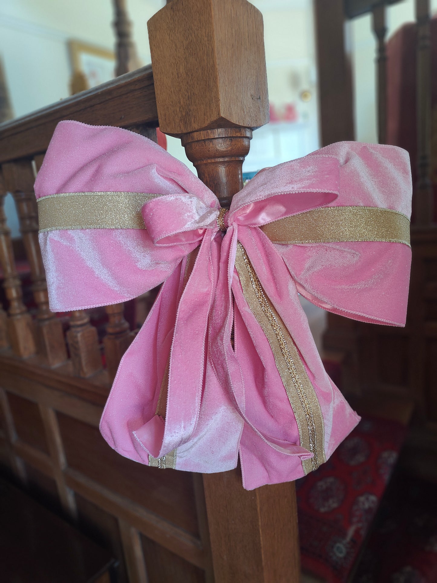 Large bow, Christmas tree topper large pink velvet bow gold and pink decoration