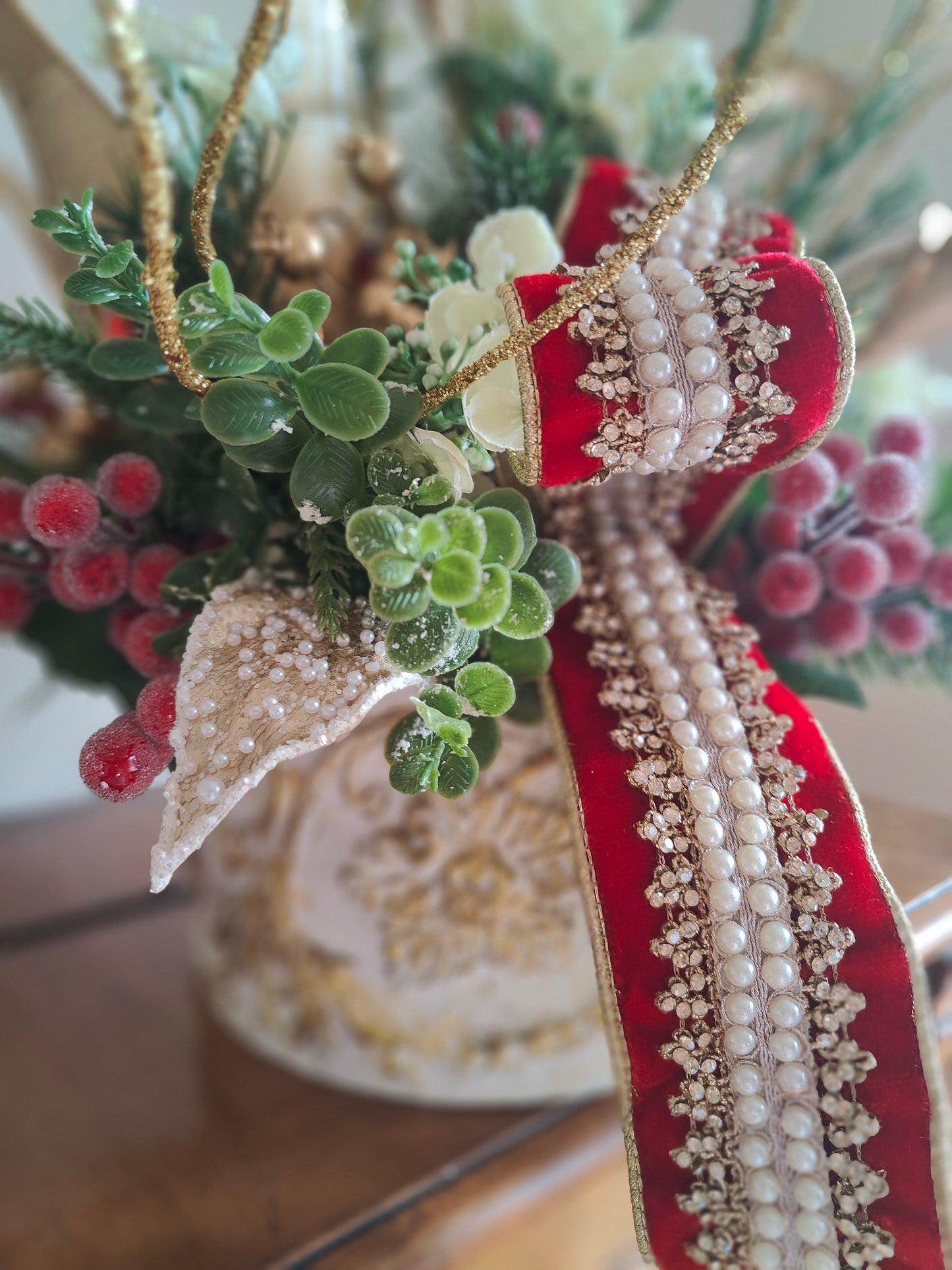 Christmas tablecentre luxury ivory red gold arrangement centrepiece