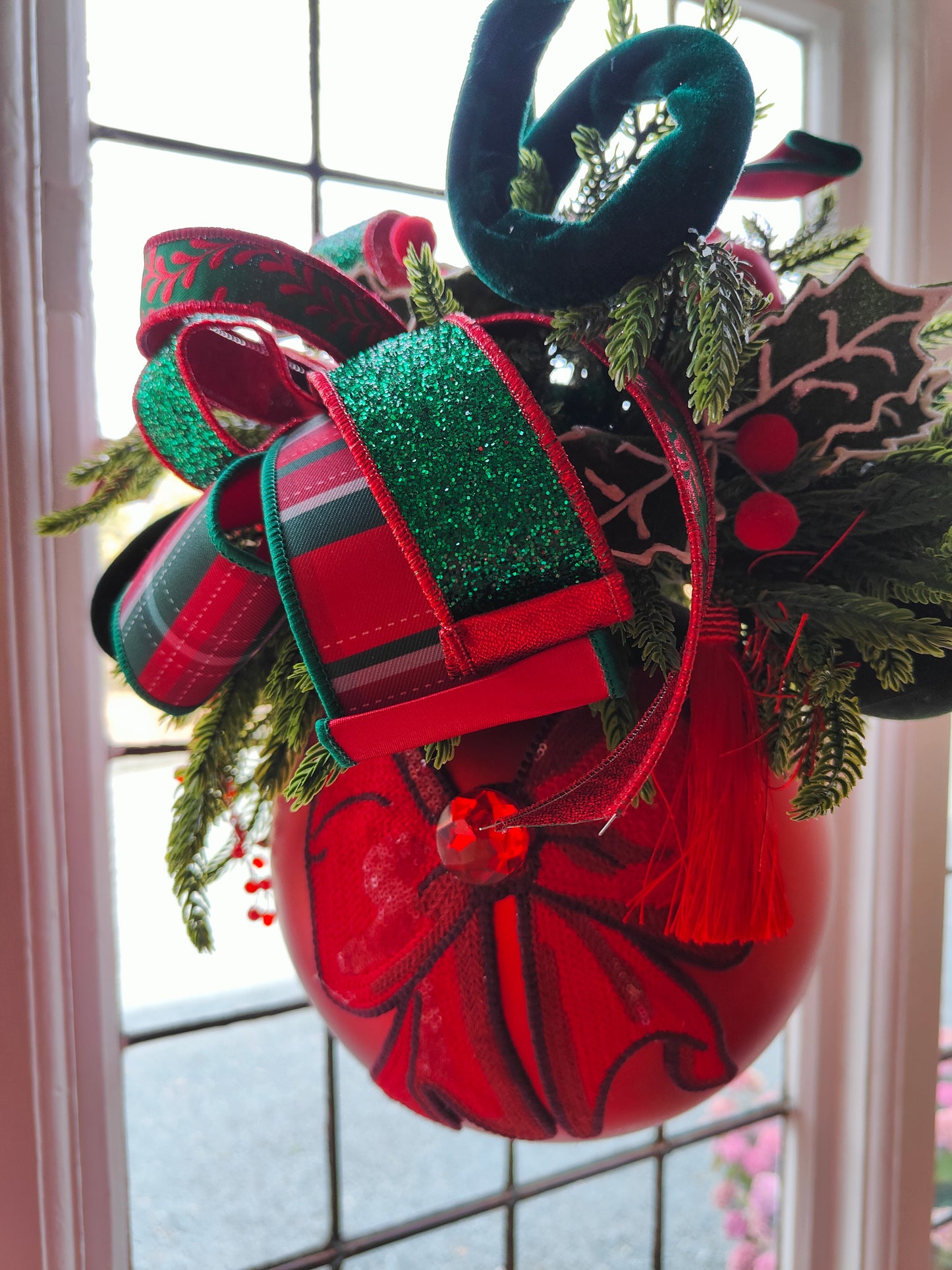 Bauble large decorated hanging red Christmas bauble 20cm