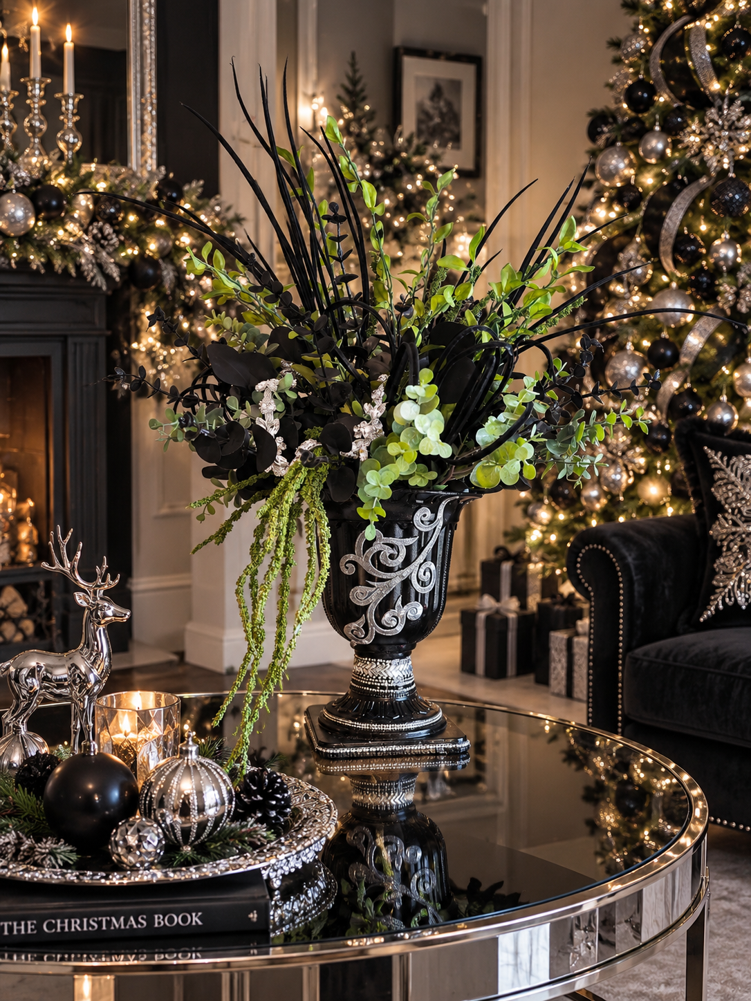 Black, silver diamante flower arrangement bling centrepiece tablecentre
