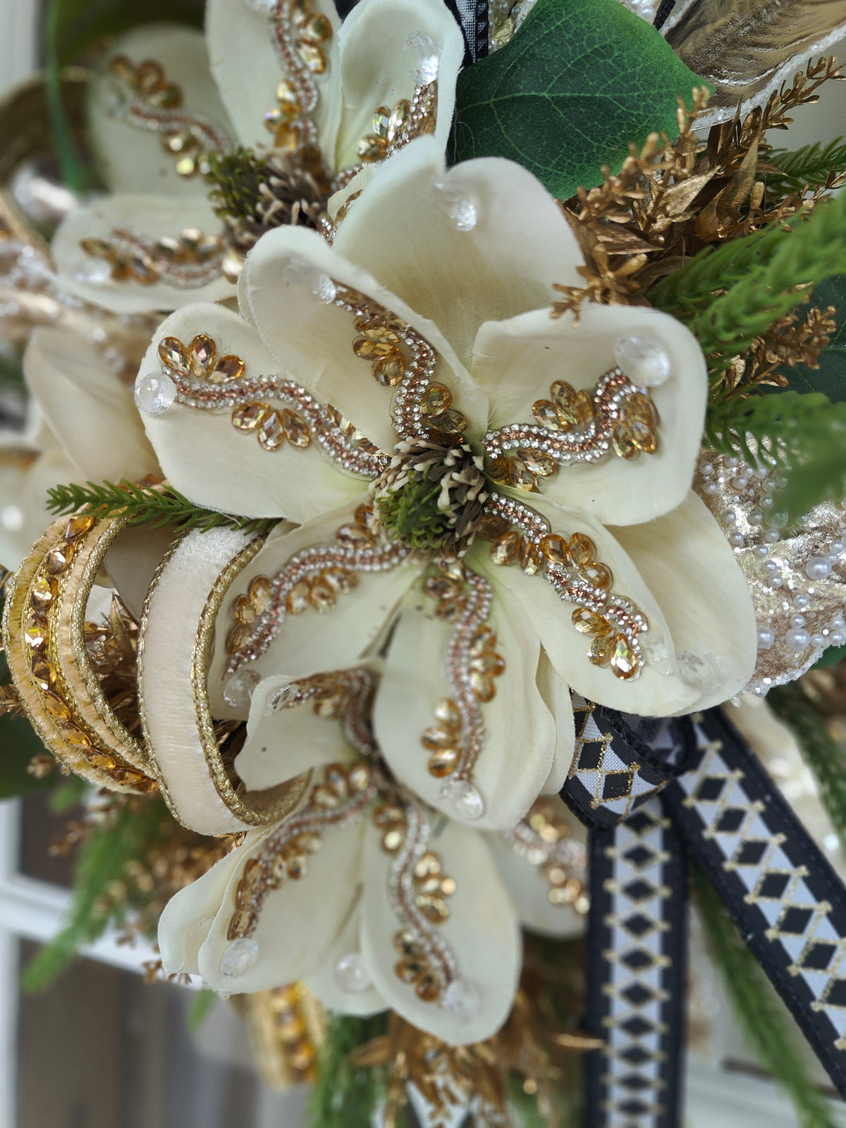 Mackenzie Childs inspired vase wall hanger swag cream magnolias