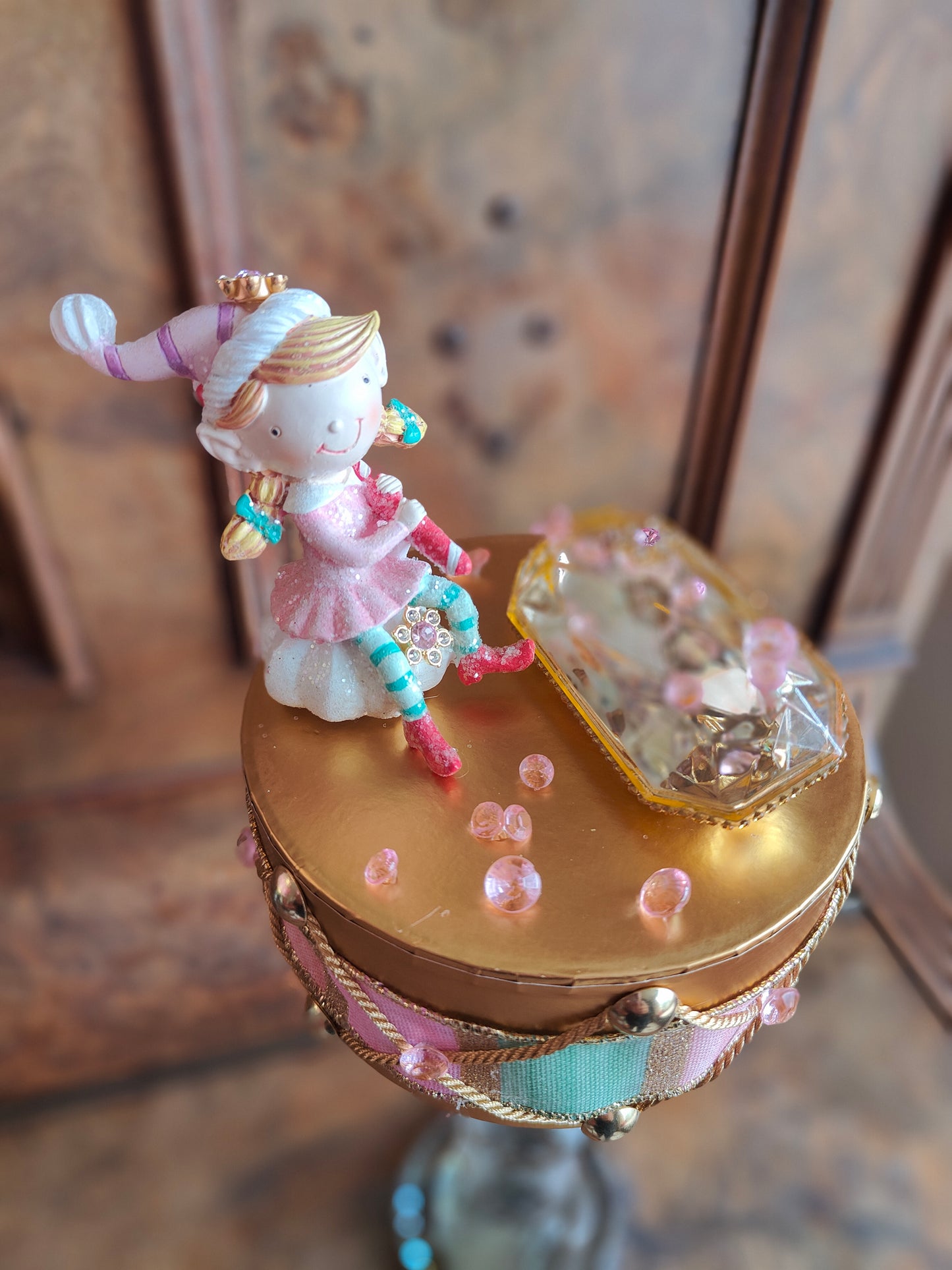 Christmas drum decoration December Diamonds fairy elf pink and mint green