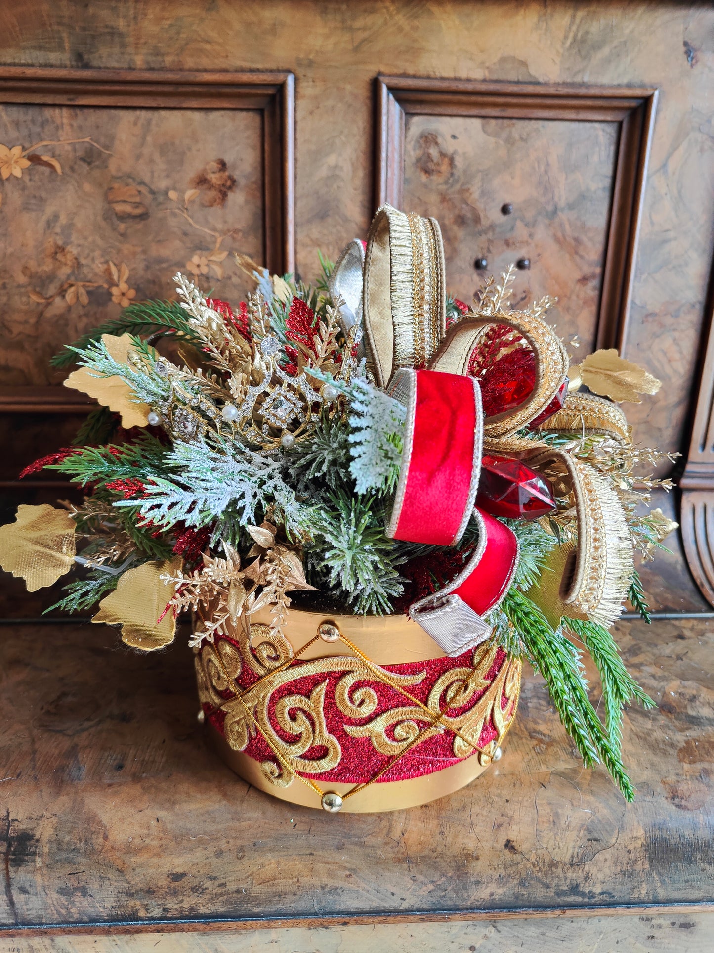 Christmas drum decoration red and gold regal centrepiece Farrisilk ribbons gems