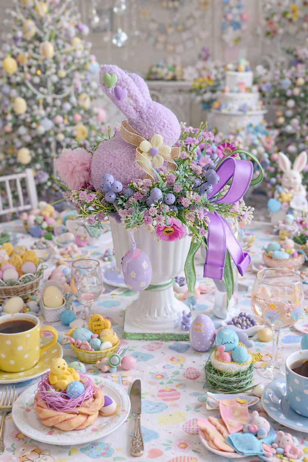 Easter centrepiece decoration bunny lavender and green tablecentre arrangement