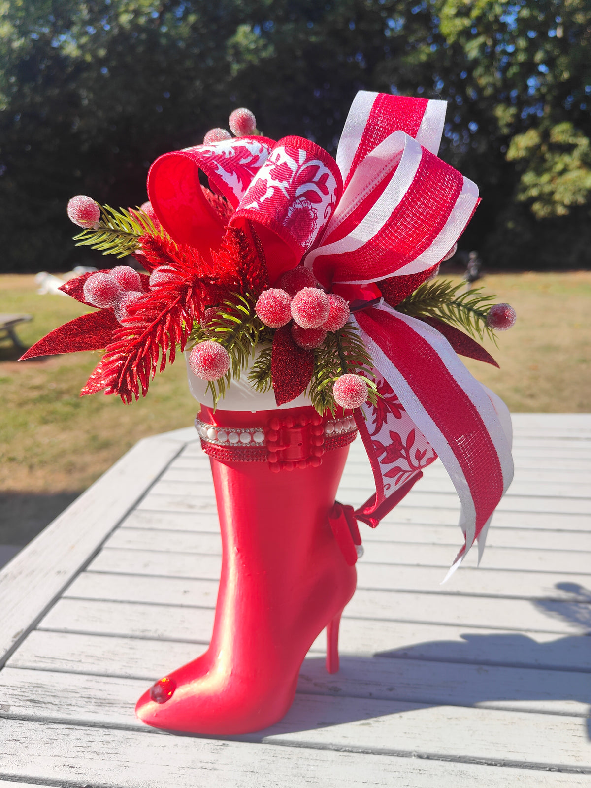Mrs Claus boot decorated small boot red and white