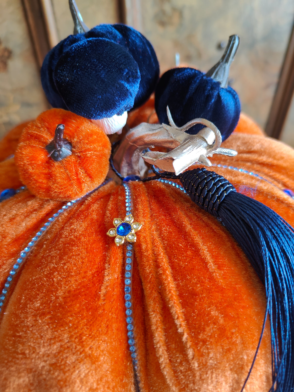 Pumpkin orange velvet bling embellished decorated pumpkin decor