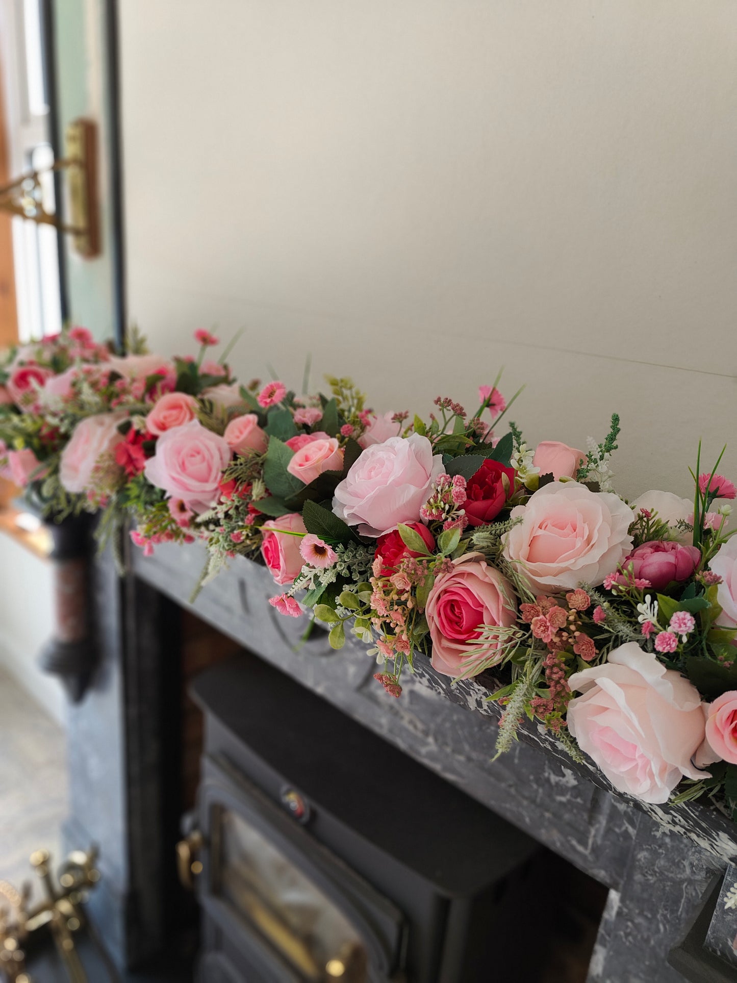 Garland pink artificial flowers door wedding flowers kitchen mantelpiece fireplace surround