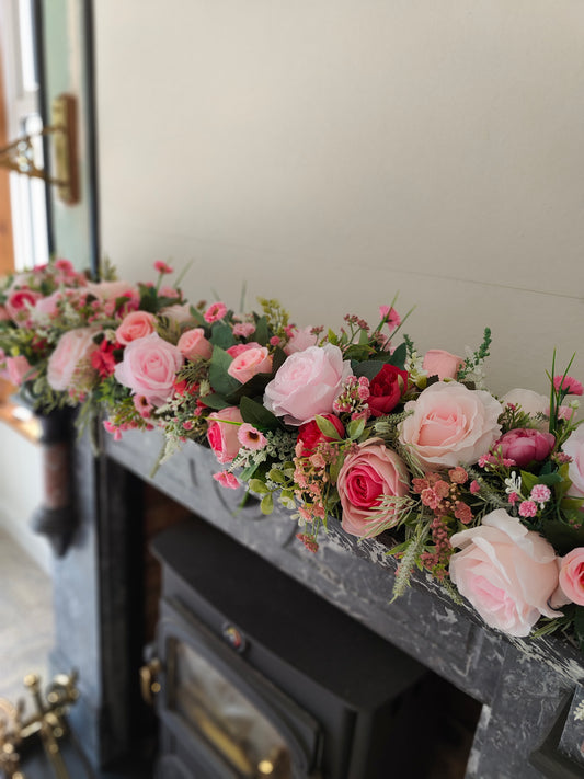 Garland pink artificial flowers door wedding flowers kitchen mantelpiece fireplace surround