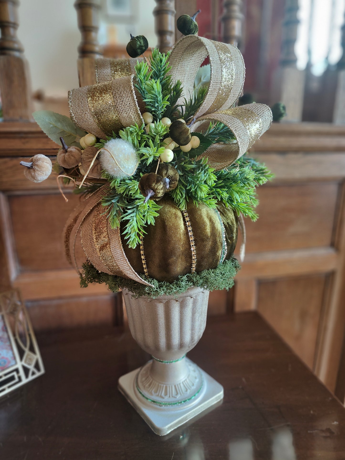 Autumn centrepiece pumpkin arrangement tall pedestal display bling pumpkin