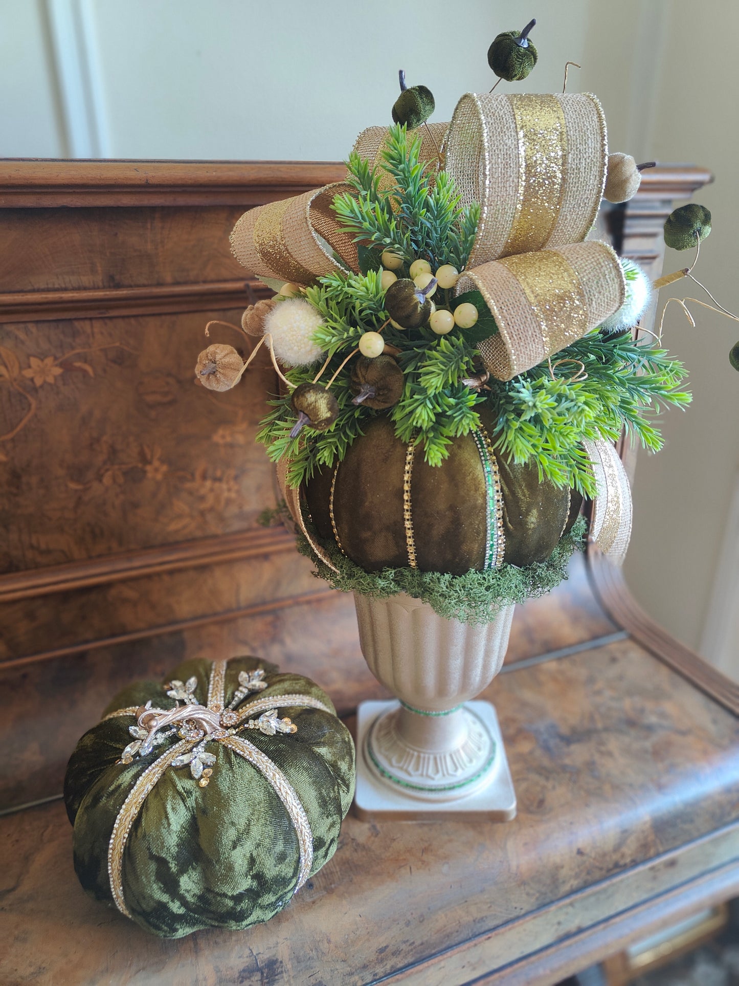 Pumpkin bling embellished deep green velvet 20cm decorated Autumn pumpkin