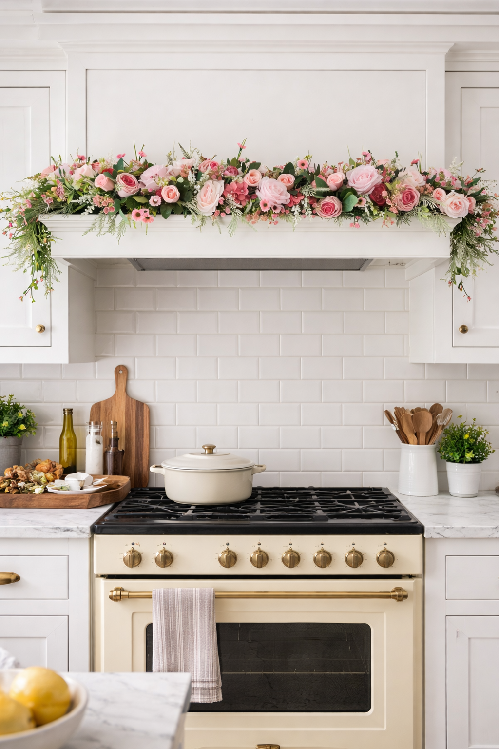 Garland pink artificial flowers door wedding flowers kitchen mantelpiece fireplace surround