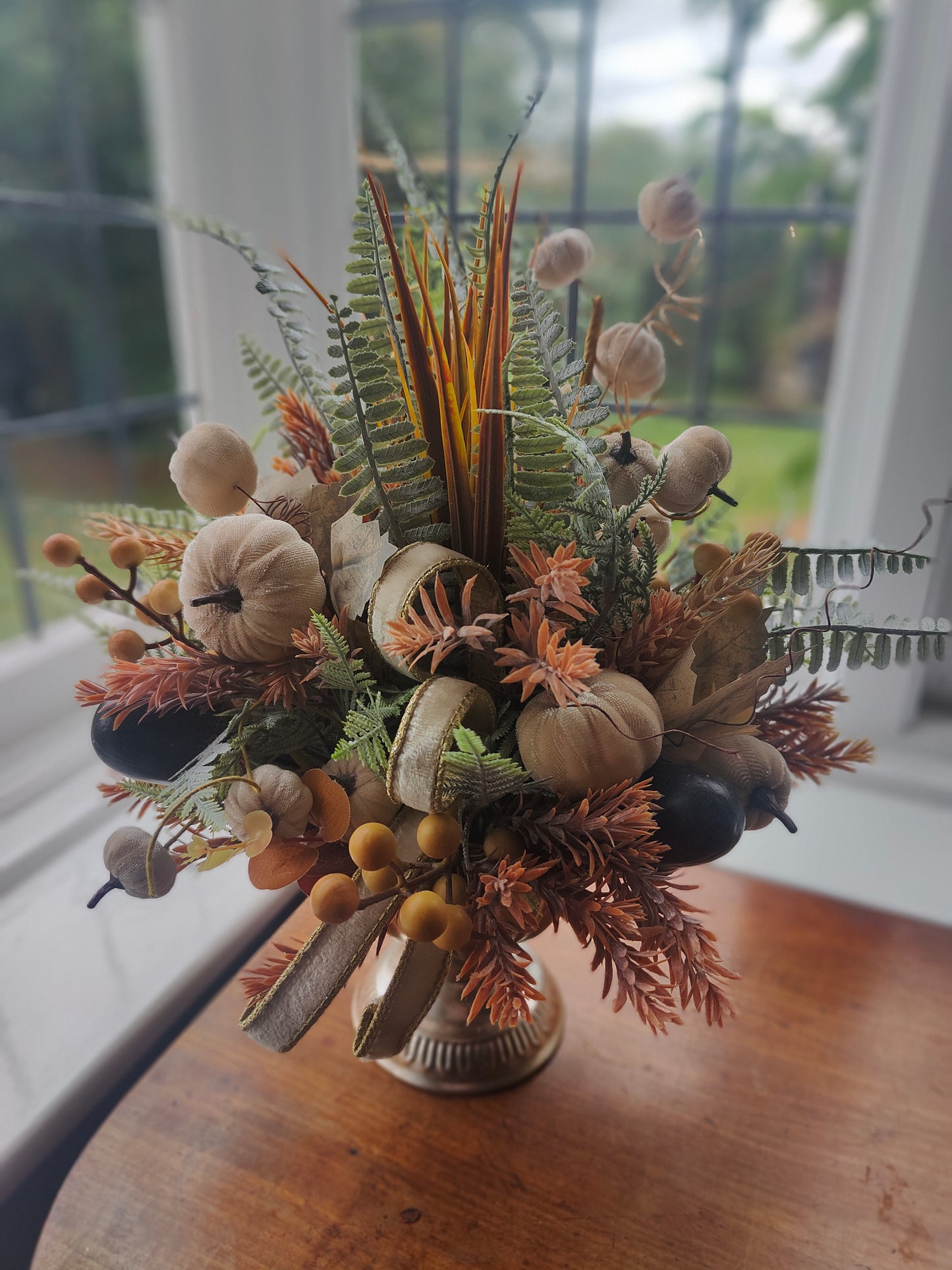 Autumn centrepiece tablecentre pumpkins artificial flower arrangement brown, cream, green